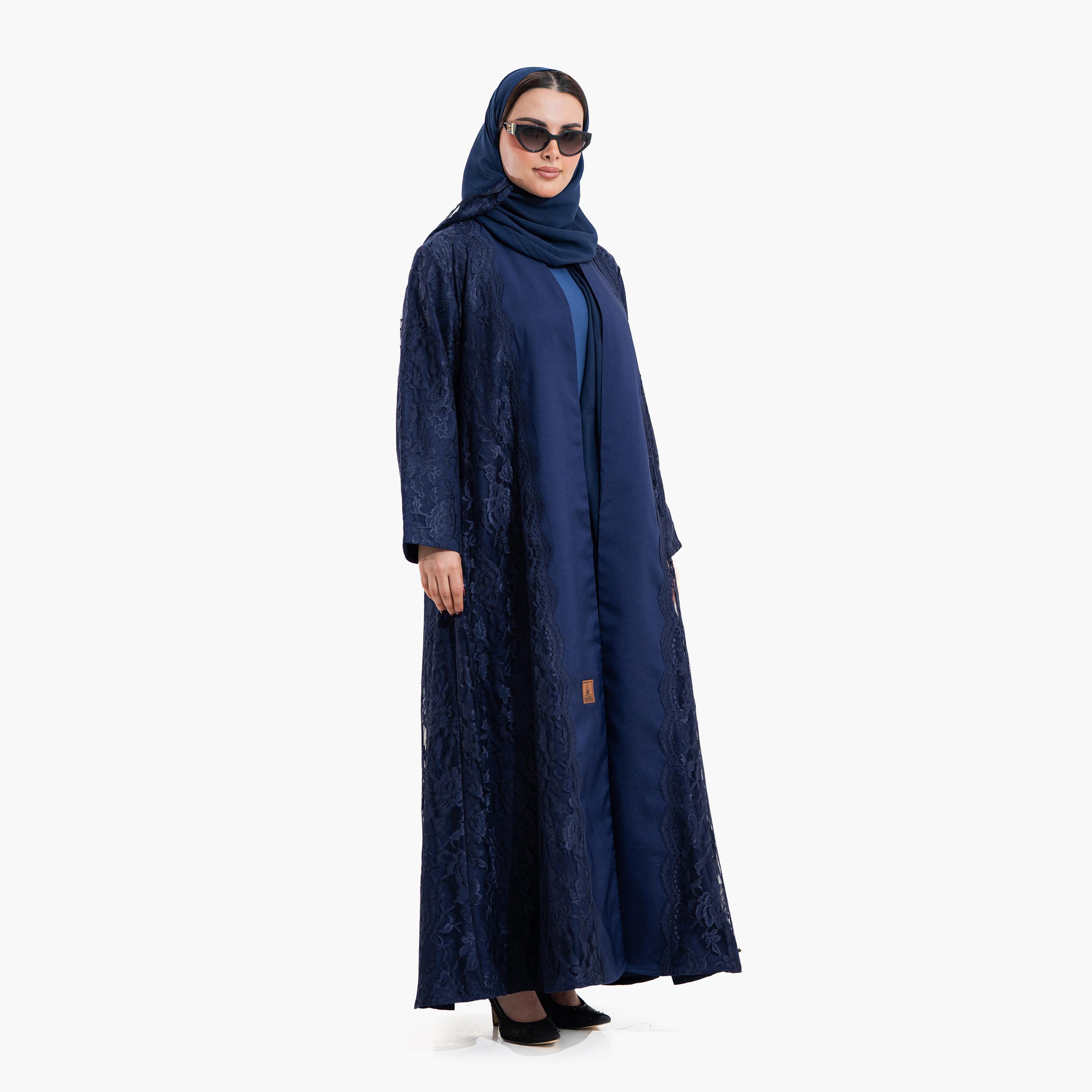 عباية سهرة نسائية بقماش "ليس" بنقشة زهور مع حجاب - كحلي من زاهية-women-arabicclothing-abayas-image-2