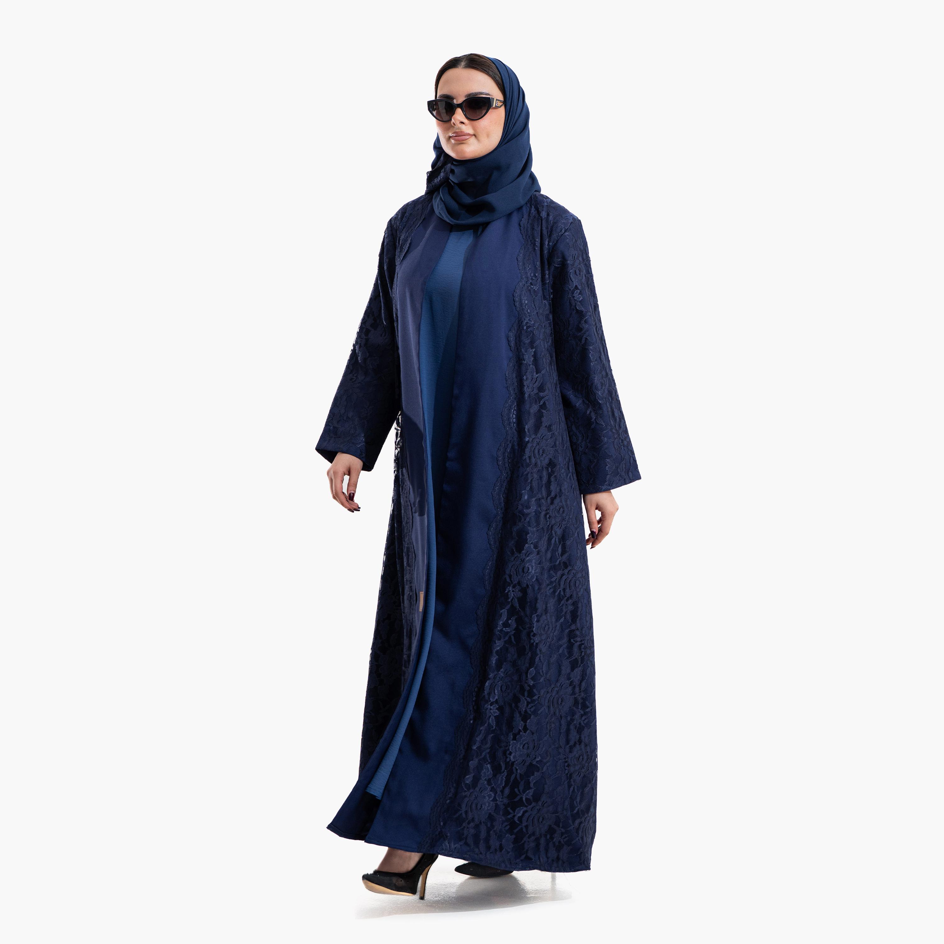 عباية سهرة نسائية بقماش "ليس" بنقشة زهور مع حجاب - كحلي من زاهية-women-arabicclothing-abayas-image-3