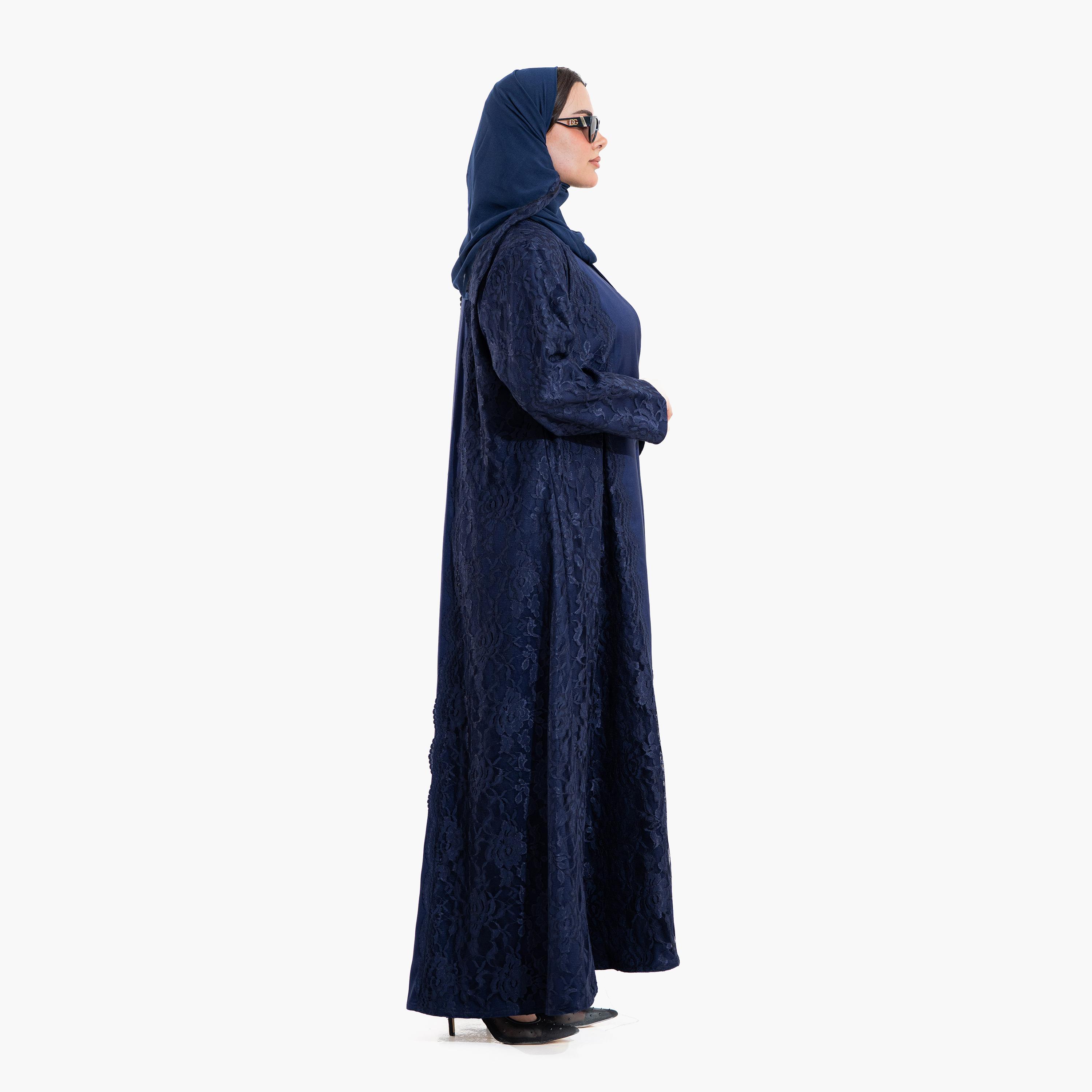 عباية سهرة نسائية بقماش "ليس" بنقشة زهور مع حجاب - كحلي من زاهية-women-arabicclothing-abayas-image-4