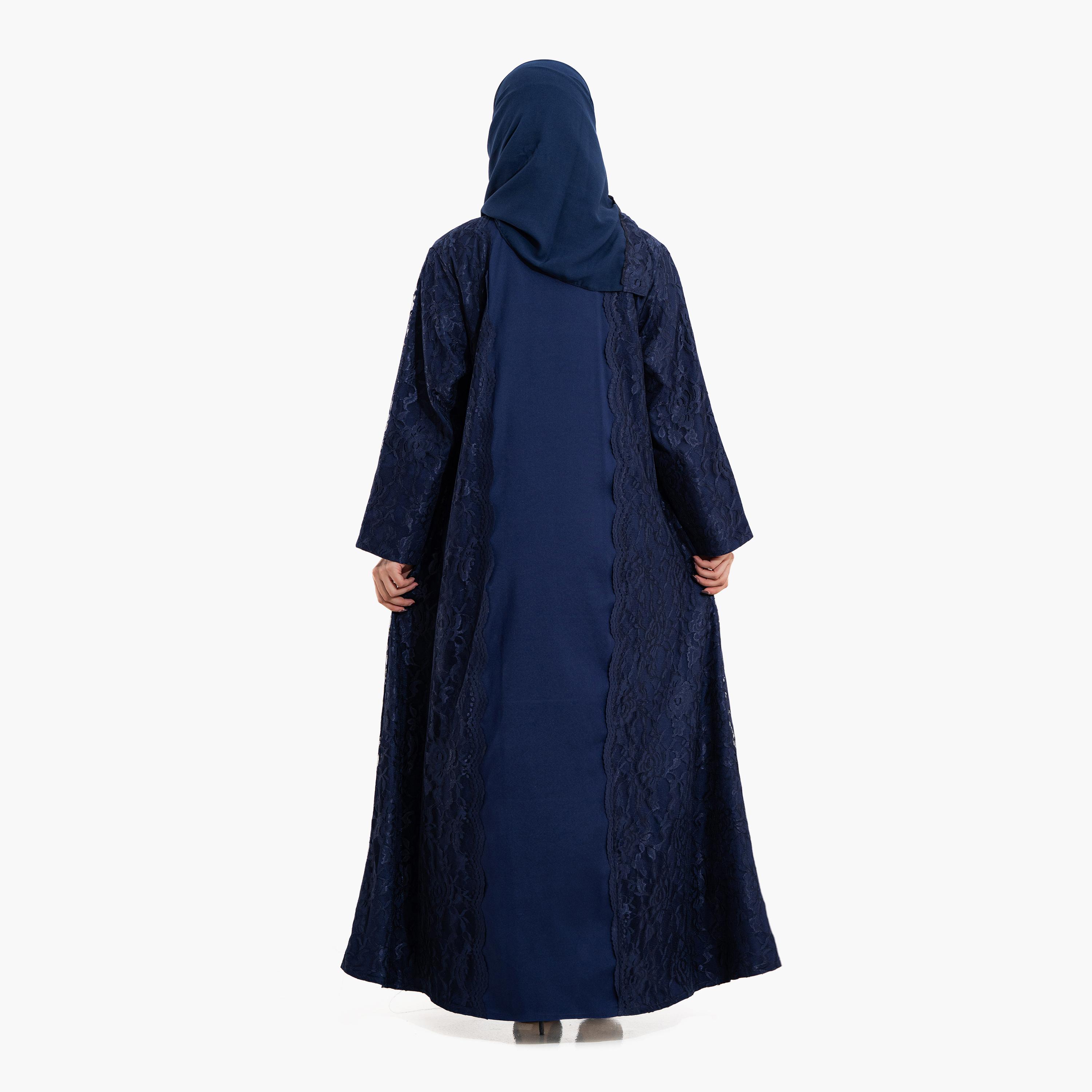 عباية سهرة نسائية بقماش "ليس" بنقشة زهور مع حجاب - كحلي من زاهية-women-arabicclothing-abayas-image-5