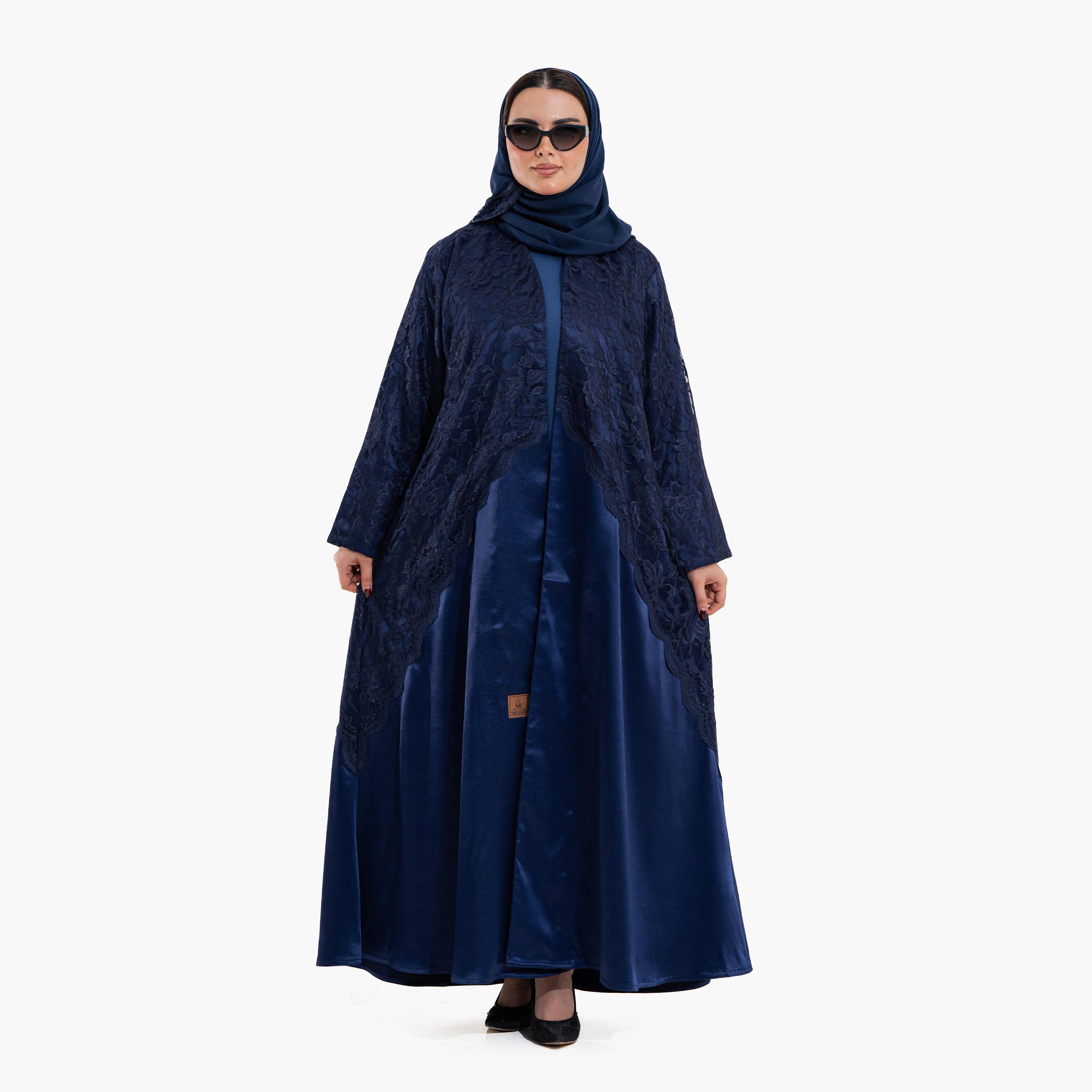 عباية سهرة "فليرد" نسائية بقماش "ساتان شين" و"ليس" بنقشة زهور مع حجاب - كحلي من زاهية-women-arabicclothing-abayas-image-1