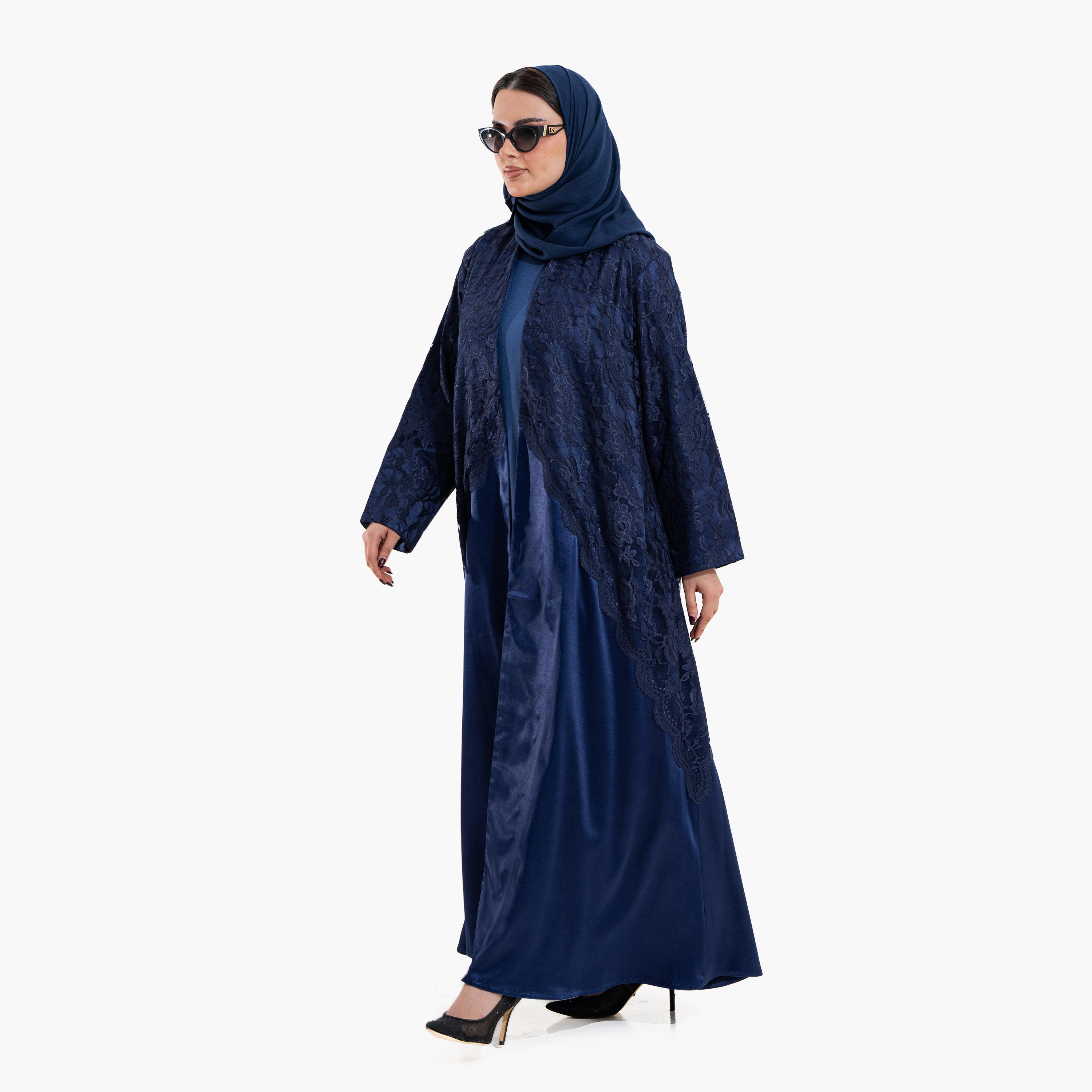 عباية سهرة "فليرد" نسائية بقماش "ساتان شين" و"ليس" بنقشة زهور مع حجاب - كحلي من زاهية-women-arabicclothing-abayas-image-3
