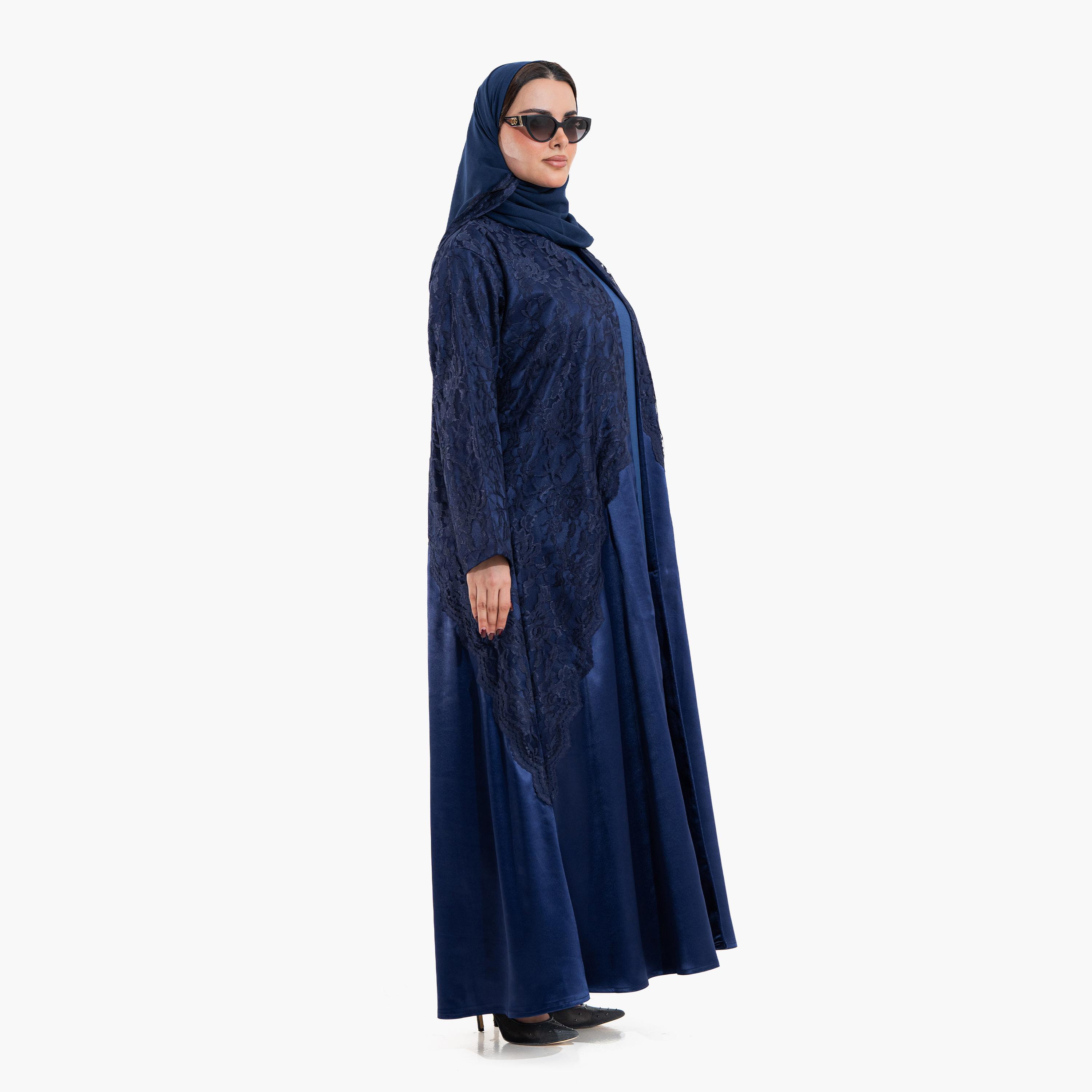 عباية سهرة "فليرد" نسائية بقماش "ساتان شين" و"ليس" بنقشة زهور مع حجاب - كحلي من زاهية-women-arabicclothing-abayas-image-4