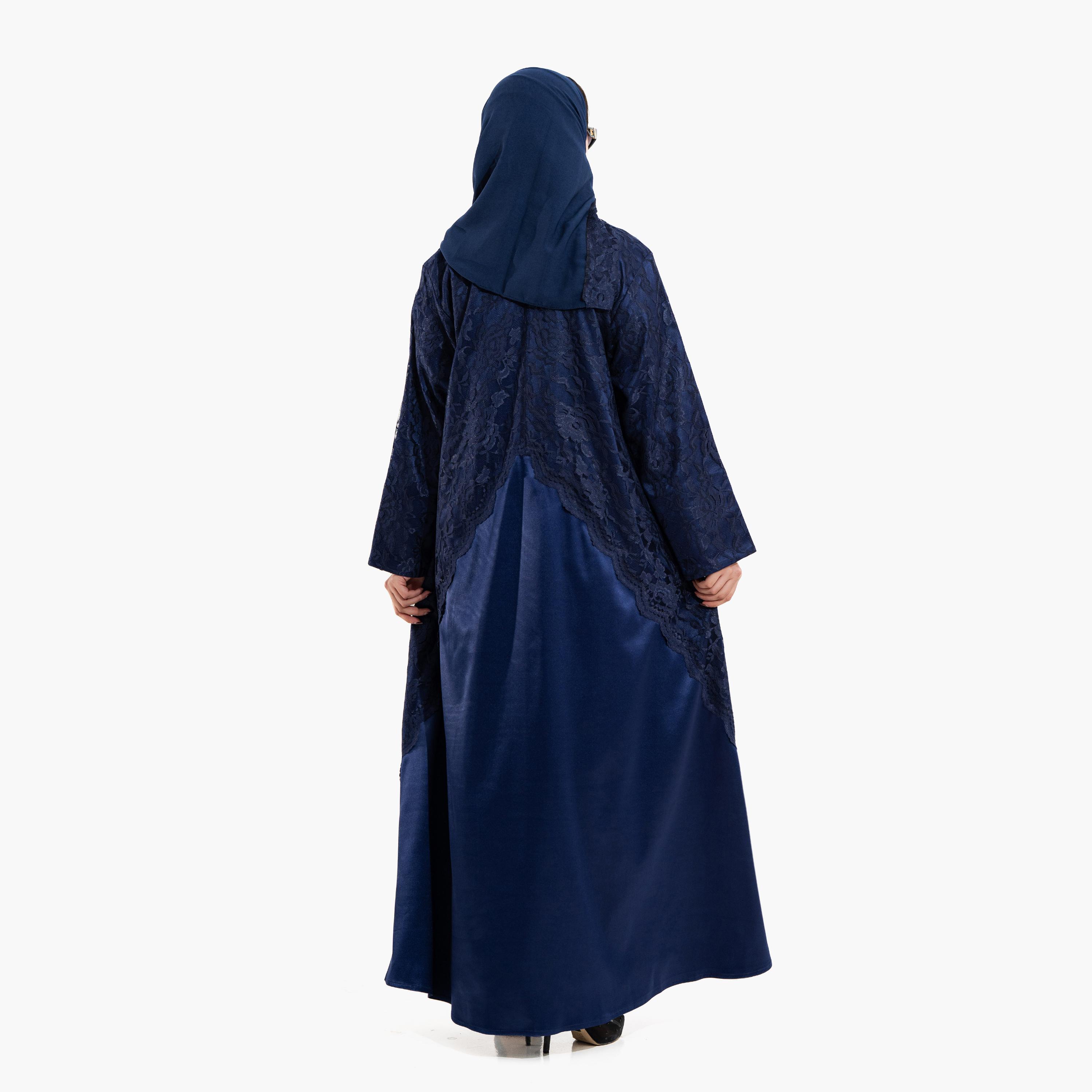 عباية سهرة "فليرد" نسائية بقماش "ساتان شين" و"ليس" بنقشة زهور مع حجاب - كحلي من زاهية-women-arabicclothing-abayas-image-6
