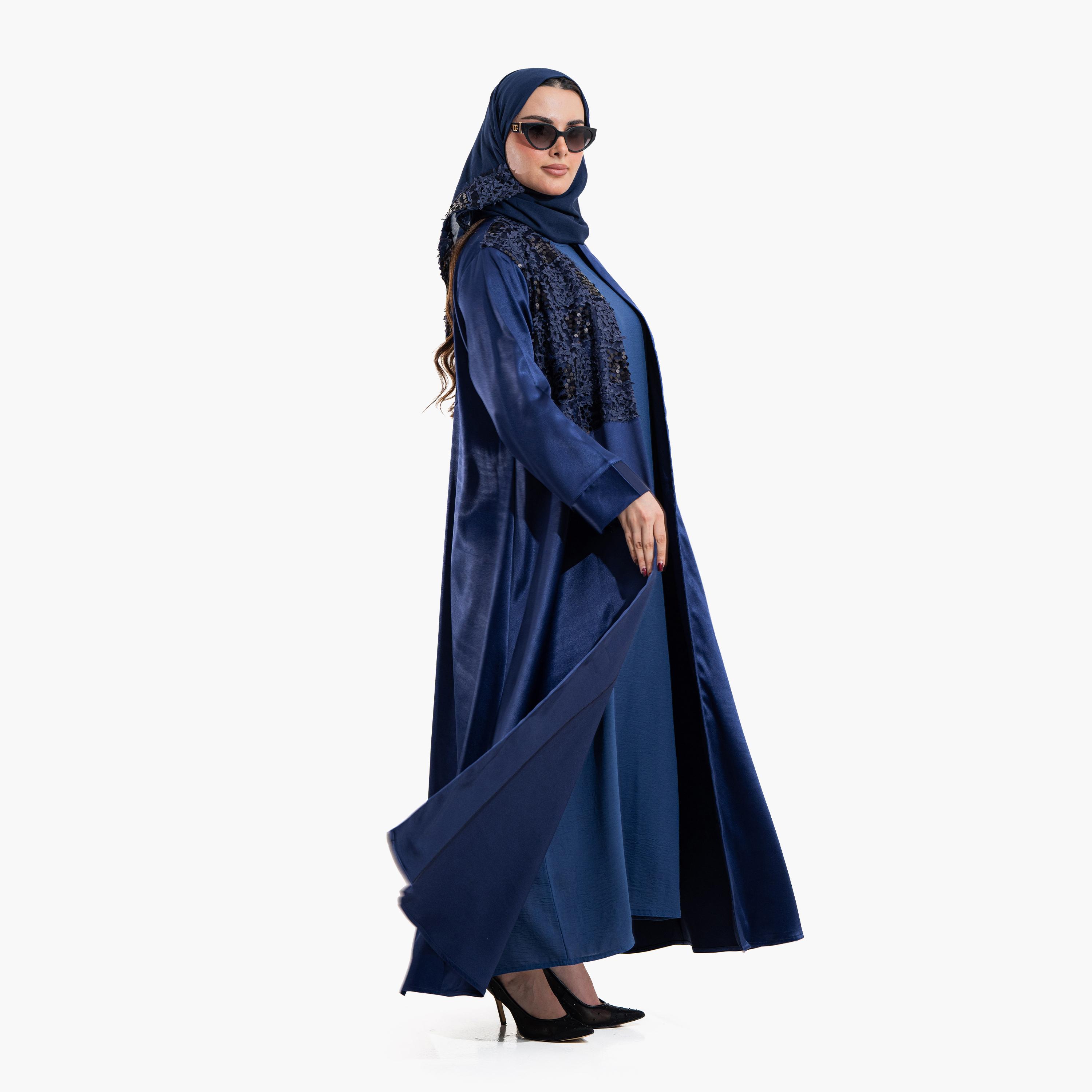 عباية سهرة "فليرد" نسائية بقماش "ساتان شين" مزينة بالترتر "سيكويند" مع حجاب - كحلي من زاهية-women-arabicclothing-abayas-image-2