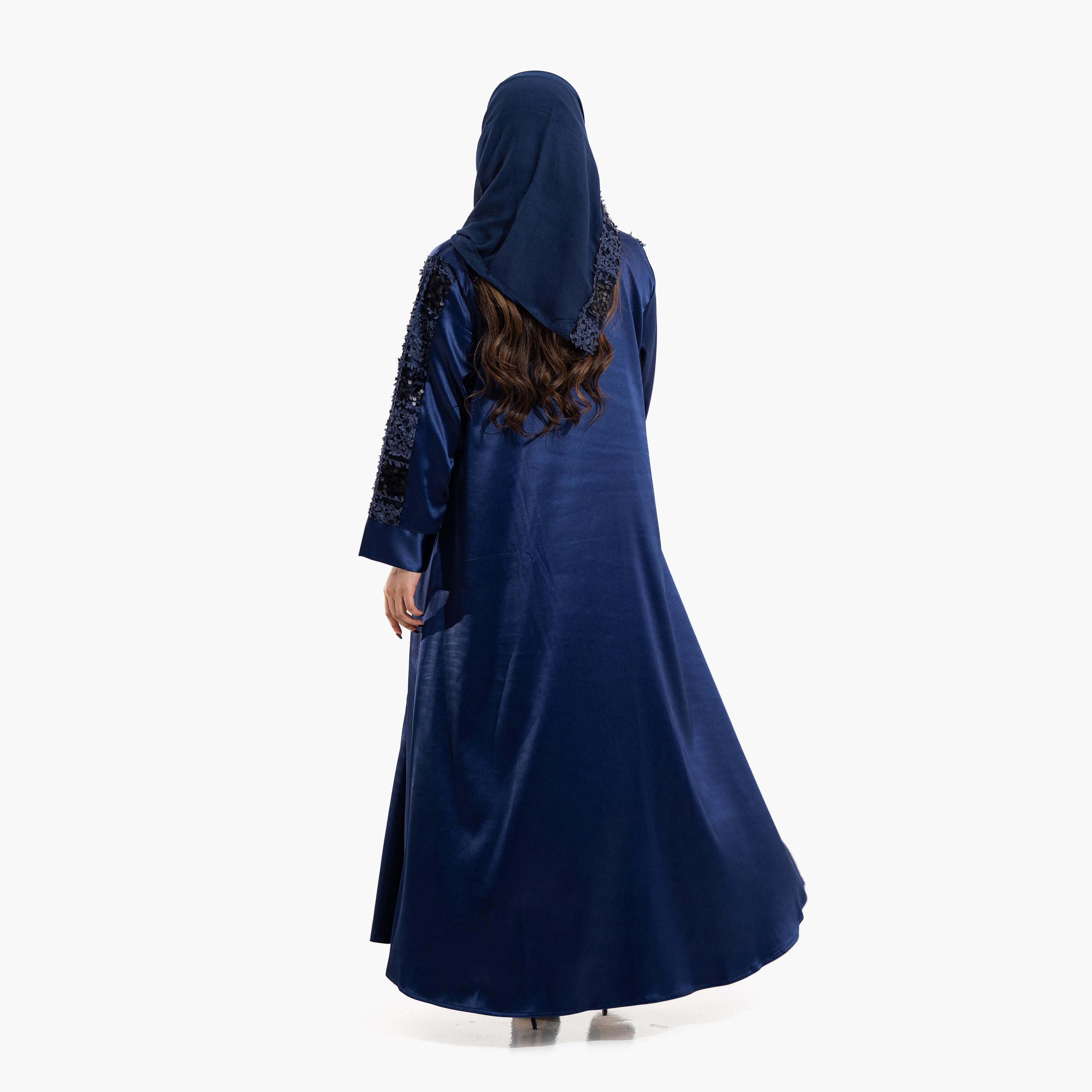 عباية سهرة "فليرد" نسائية بقماش "ساتان شين" مزينة بالترتر "سيكويند" مع حجاب - كحلي من زاهية-women-arabicclothing-abayas-image-5