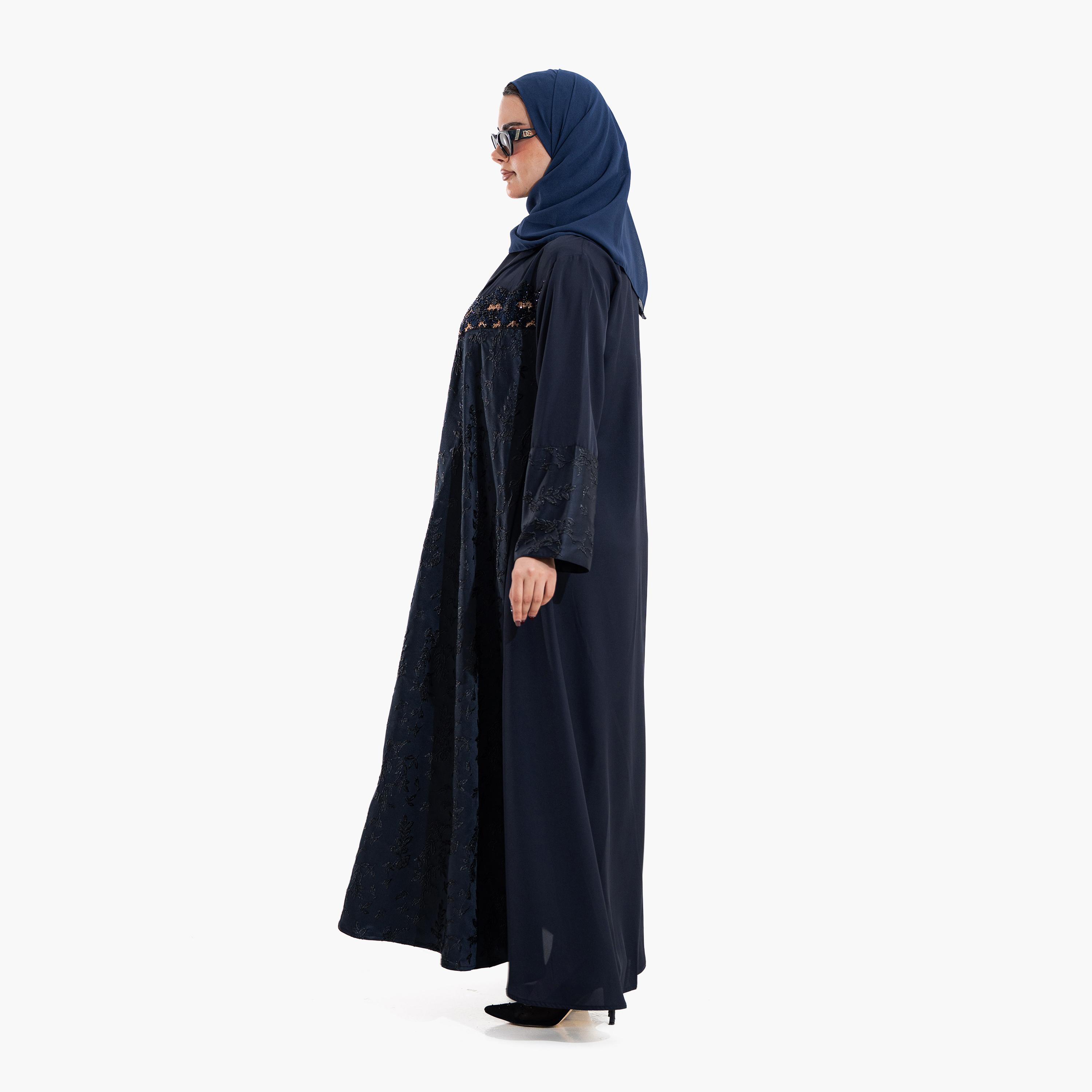 عباية سهرة "فليرد" نسائية بياقة "لابل" وأكمام "وايد كف" مطرزة مع حجاب - أزرق داكن من زاهية-women-arabicclothing-abayas-image-3