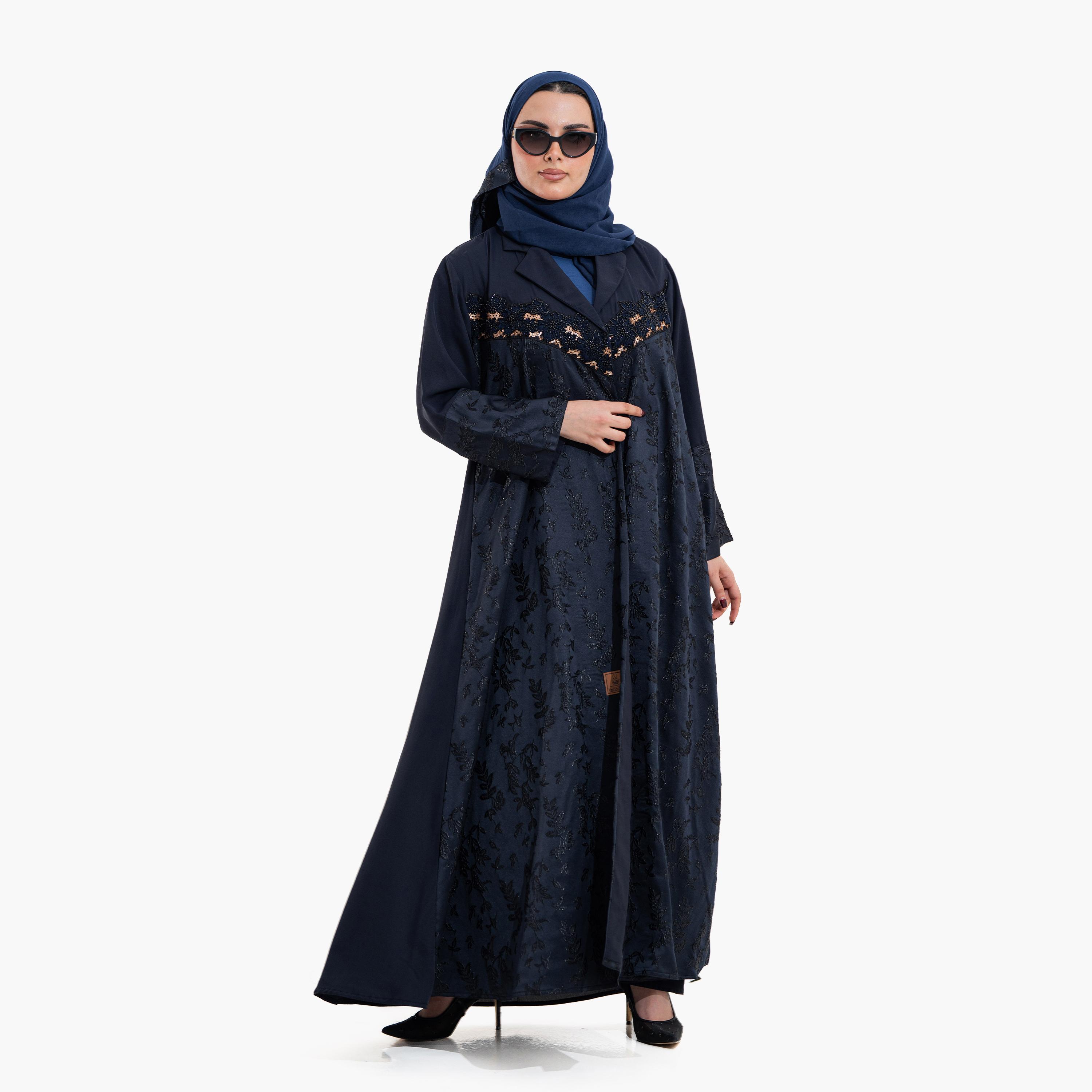 عباية سهرة "فليرد" نسائية بياقة "لابل" وأكمام "وايد كف" مطرزة مع حجاب - أزرق داكن من زاهية-women-arabicclothing-abayas-image-4
