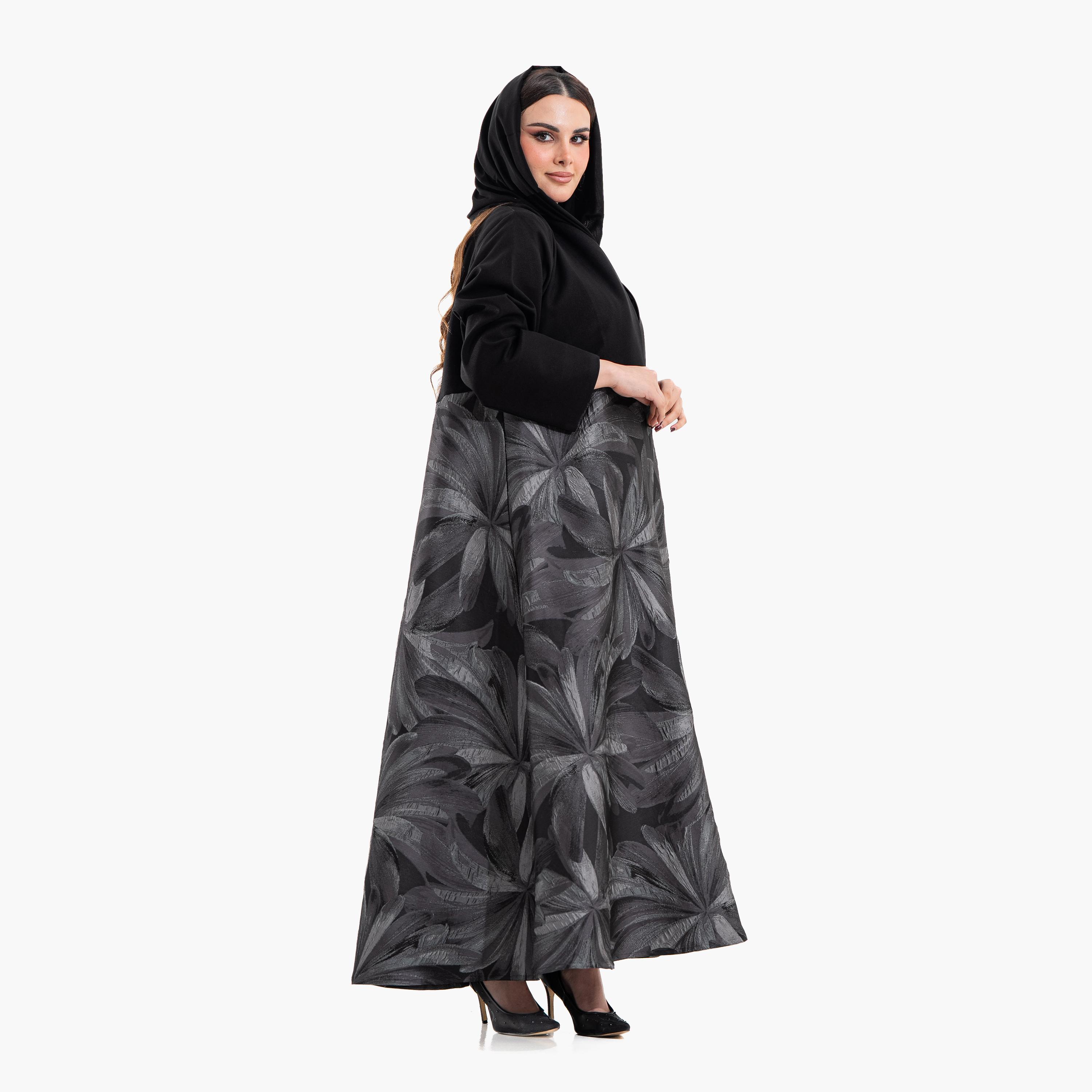 عباية نسائية بنقشة "أبستراكت فلورال" مع حجاب - رمادي وأسود من زاهية-women-arabicclothing-abayas-image-3