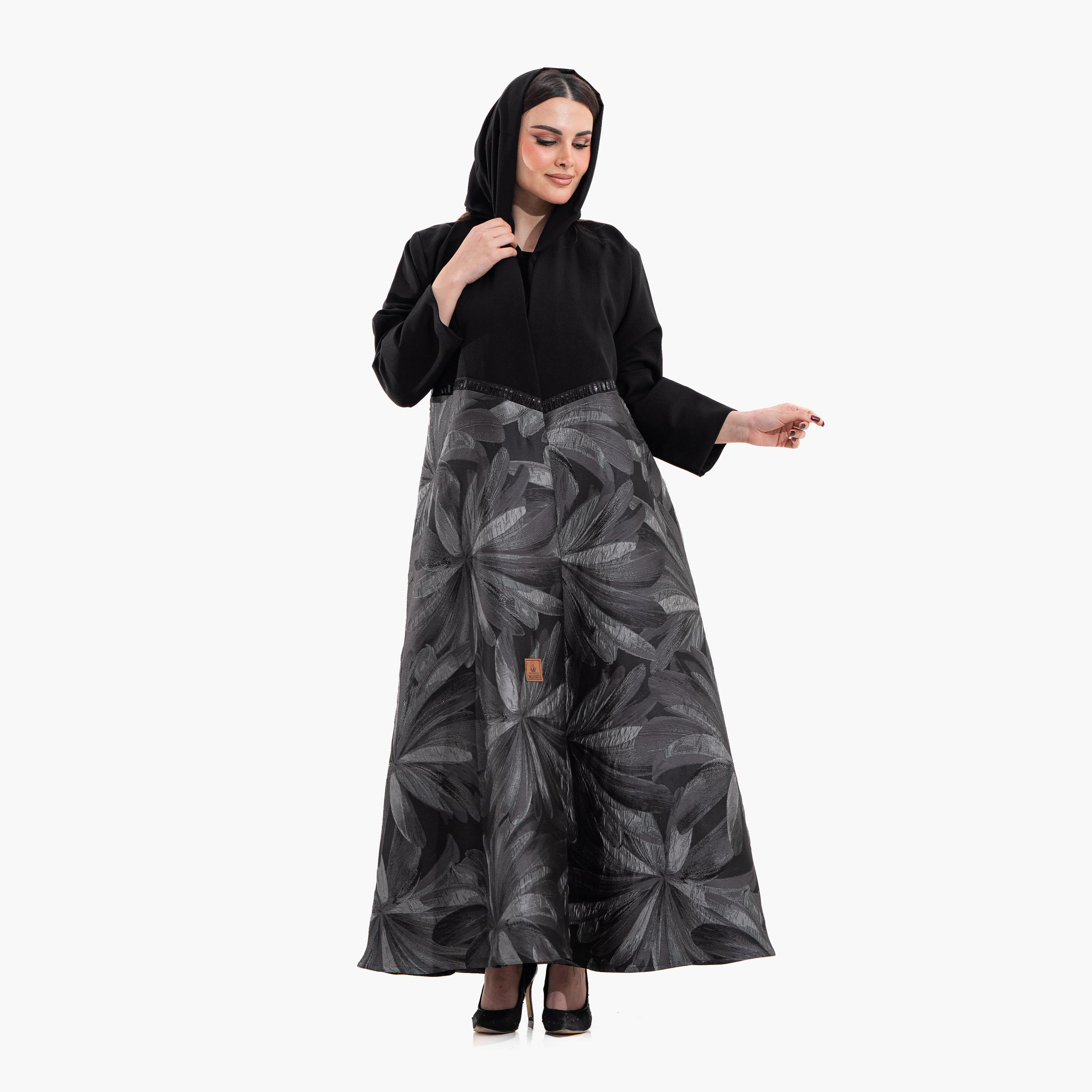 عباية نسائية بنقشة "أبستراكت فلورال" مع حجاب - رمادي وأسود من زاهية-women-arabicclothing-abayas-image-5