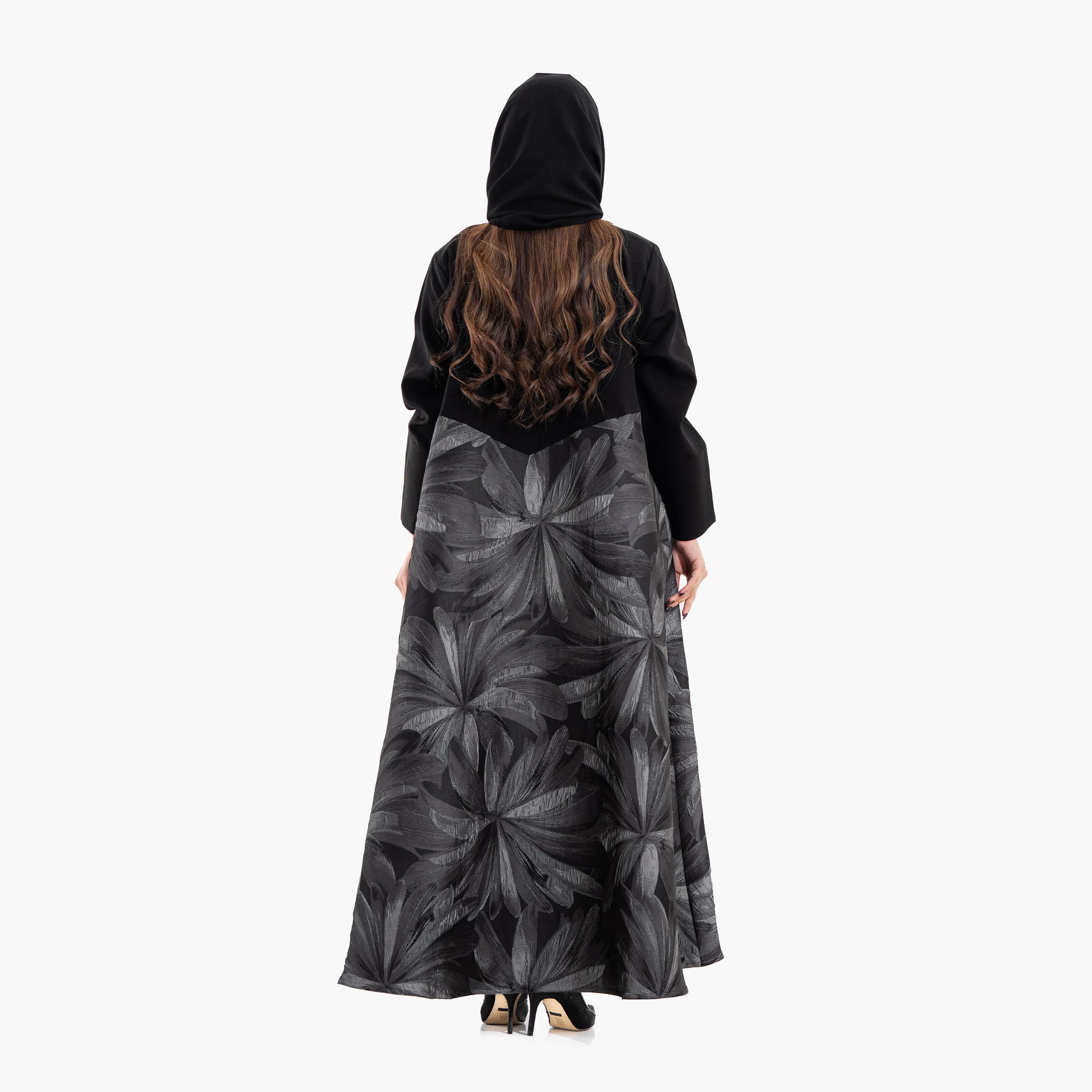 عباية نسائية بنقشة "أبستراكت فلورال" مع حجاب - رمادي وأسود من زاهية-women-arabicclothing-abayas-image-6