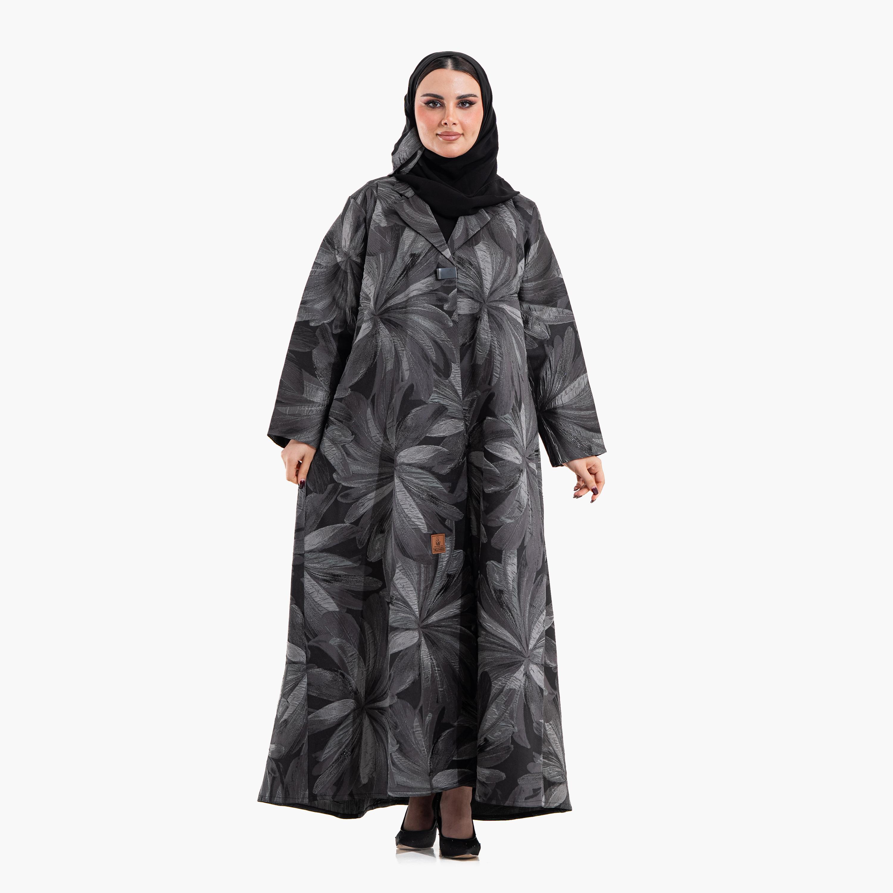 Zahiyh Grey Abstract Floral Lapel Collar Women's Abaya with Hijab-women-arabicclothing-abayas-image-1