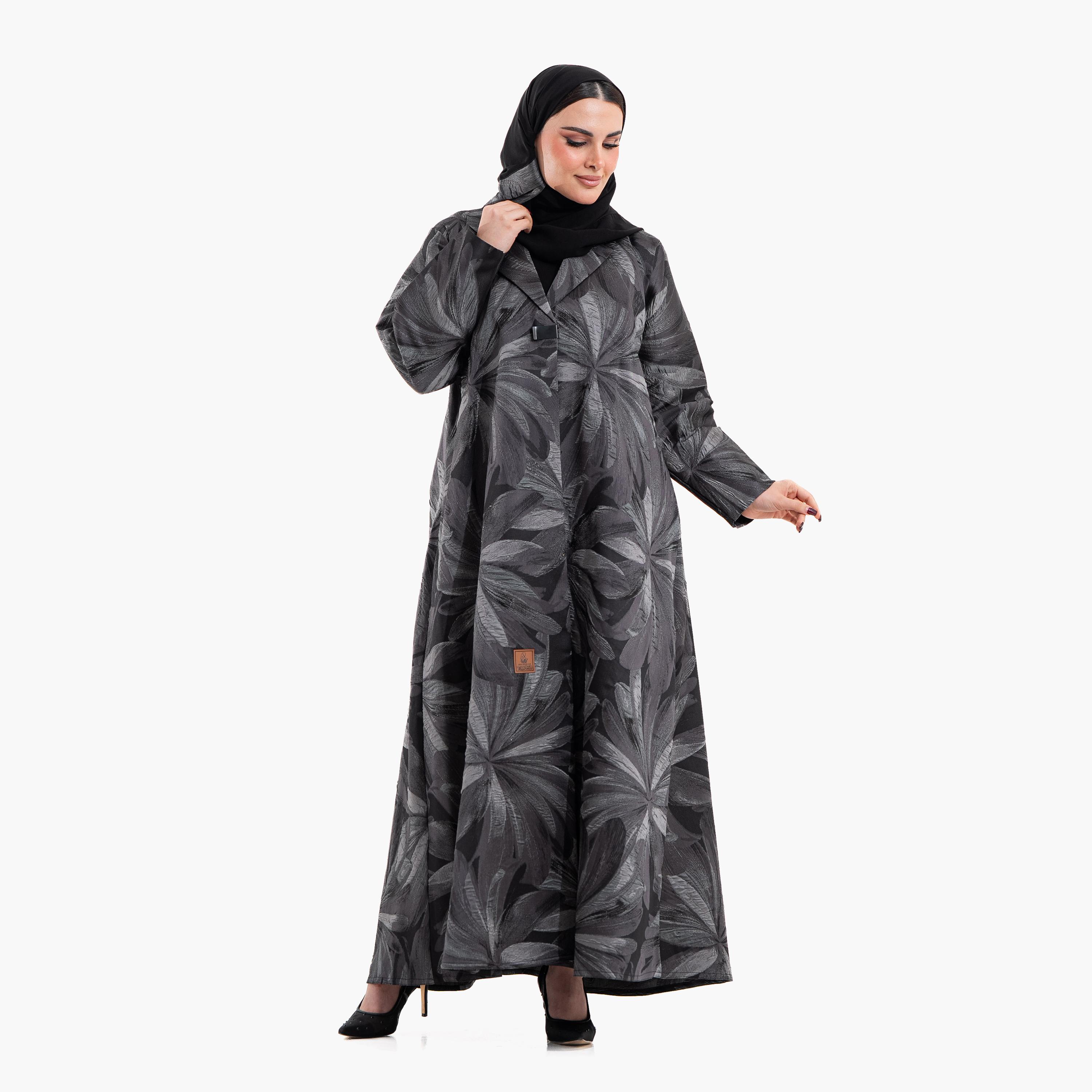 Zahiyh Grey Abstract Floral Lapel Collar Women's Abaya with Hijab-women-arabicclothing-abayas-image-2