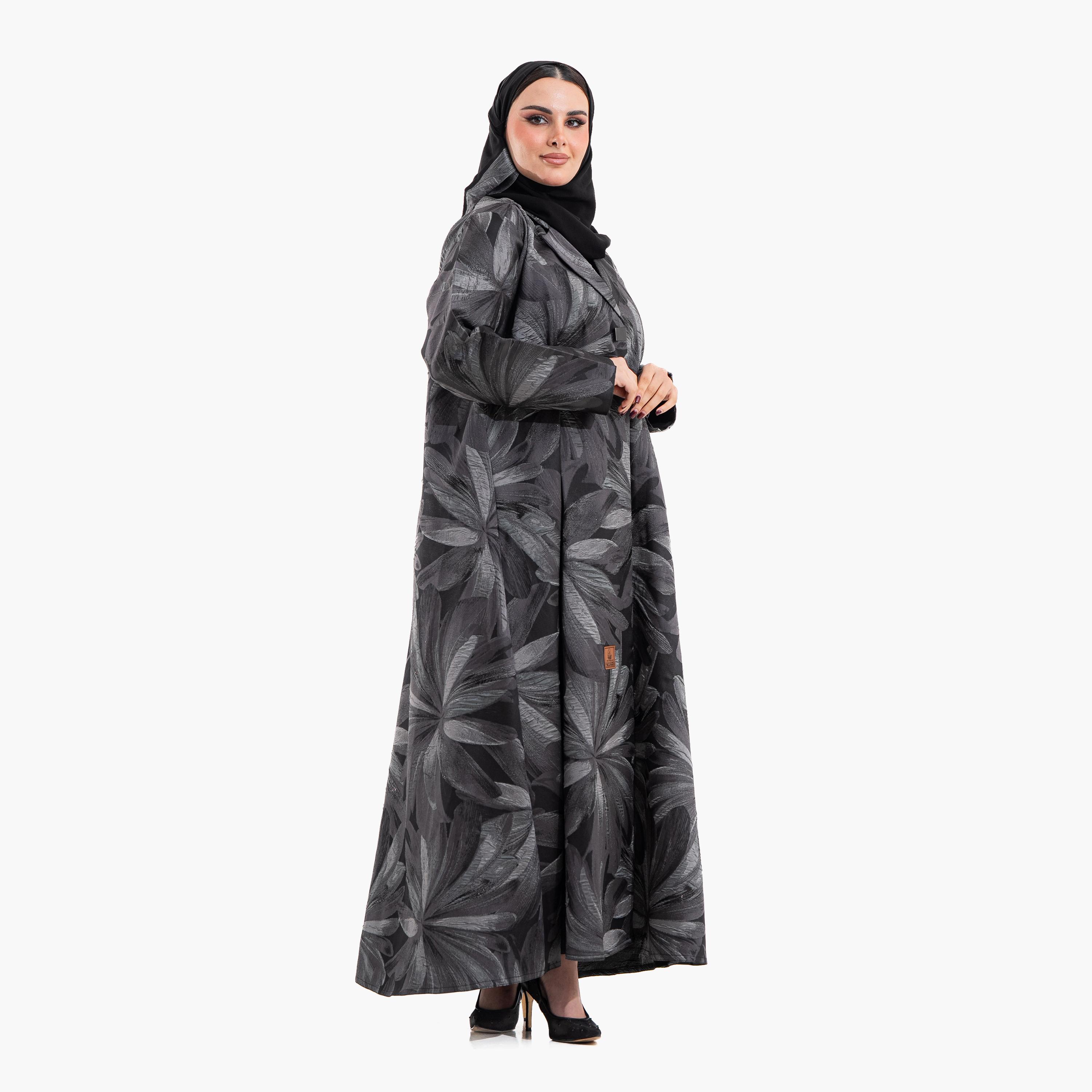 Zahiyh Grey Abstract Floral Lapel Collar Women's Abaya with Hijab-women-arabicclothing-abayas-image-3