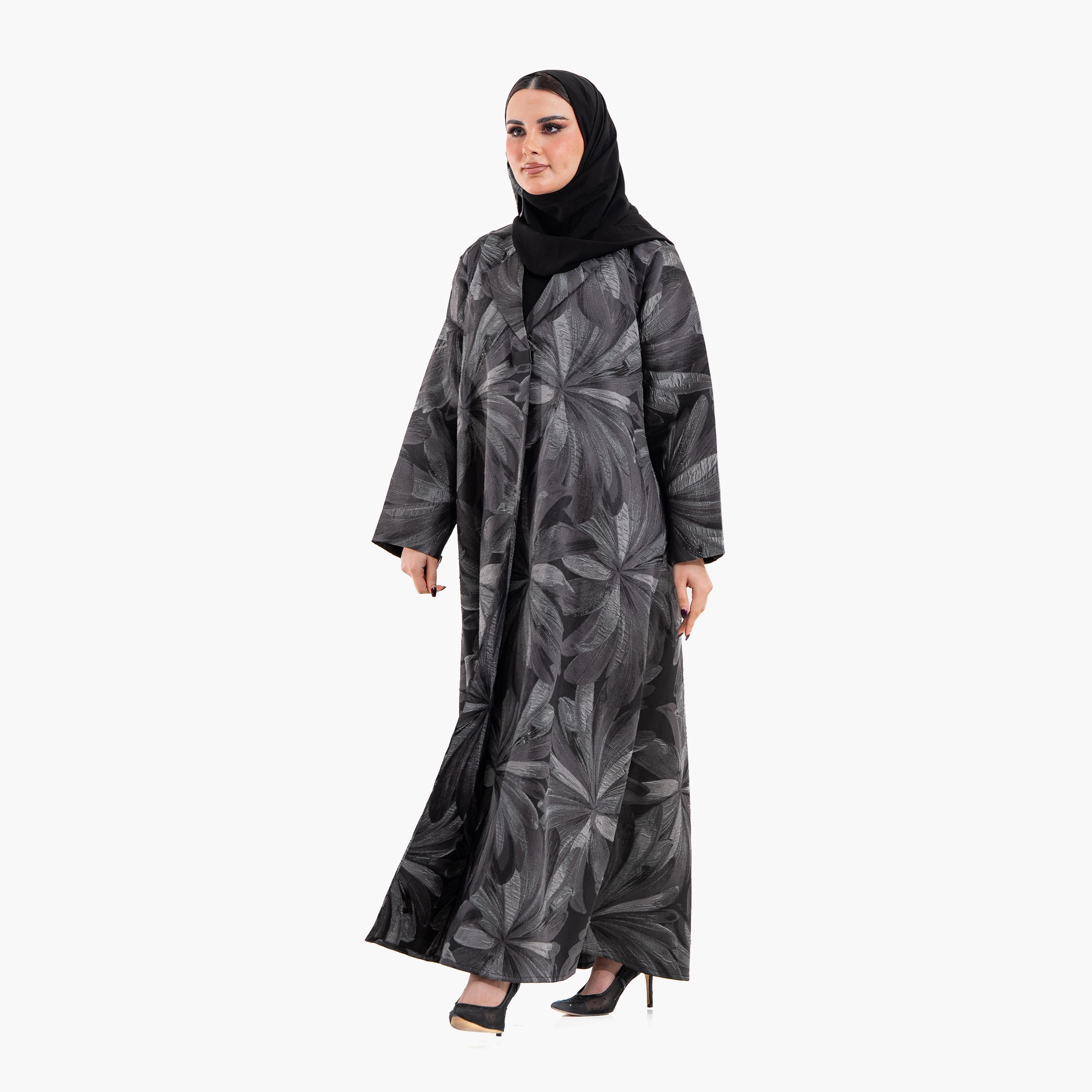 Zahiyh Grey Abstract Floral Lapel Collar Women's Abaya with Hijab-women-arabicclothing-abayas-image-4