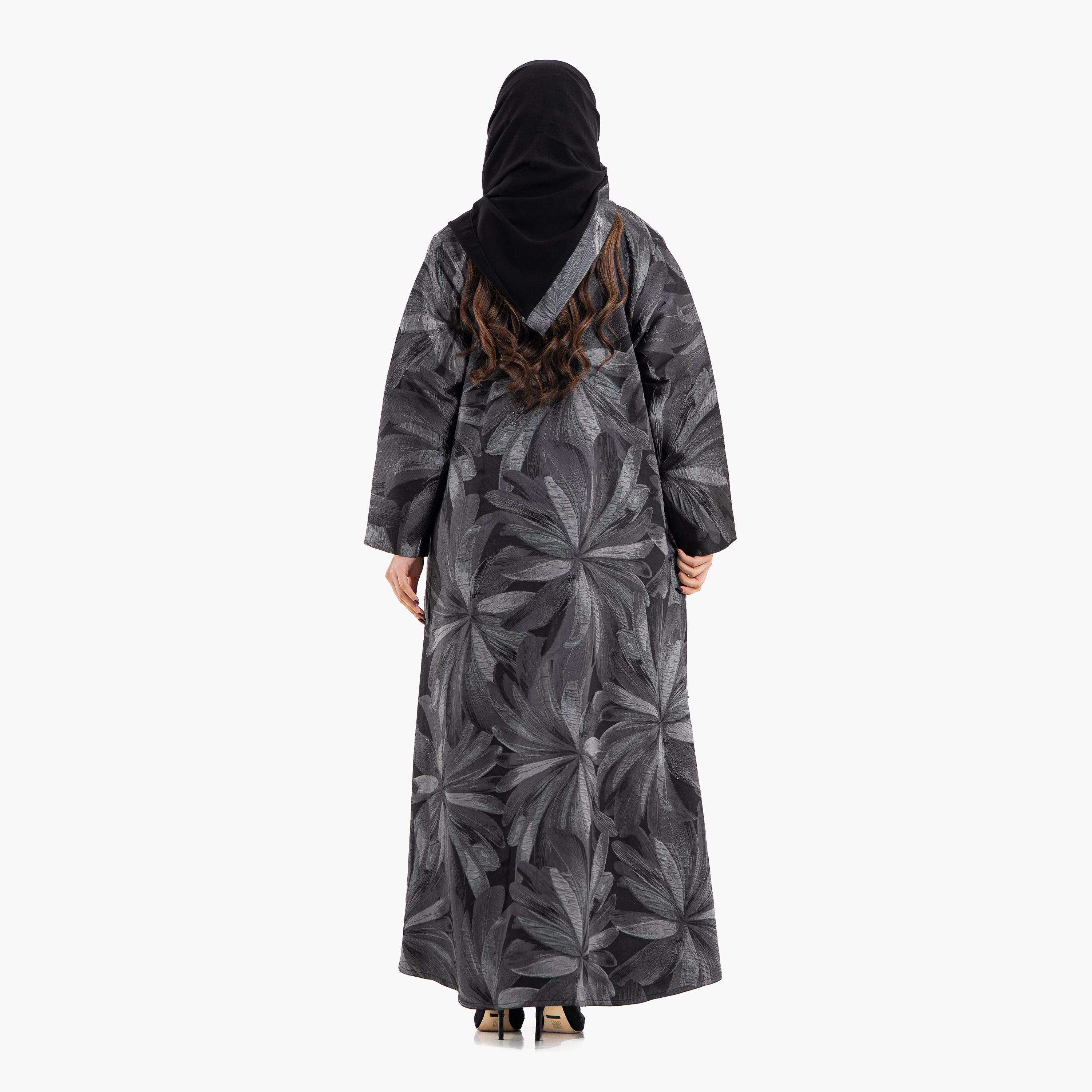 Zahiyh Grey Abstract Floral Lapel Collar Women's Abaya with Hijab-women-arabicclothing-abayas-image-5
