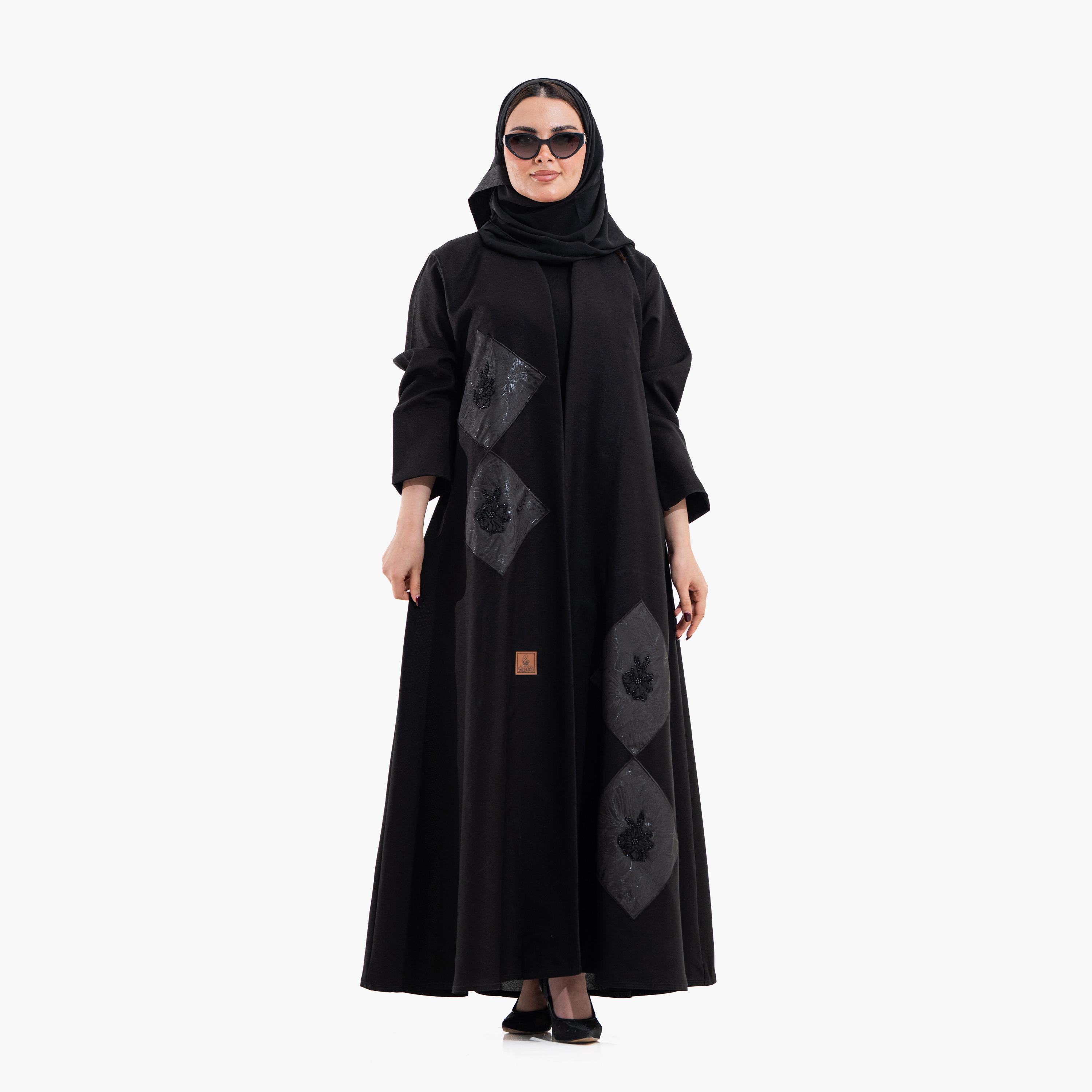 Zahiyh Black Placement Applique Women's Evening Abaya with Hijab-women-arabicclothing-abayas-image-1