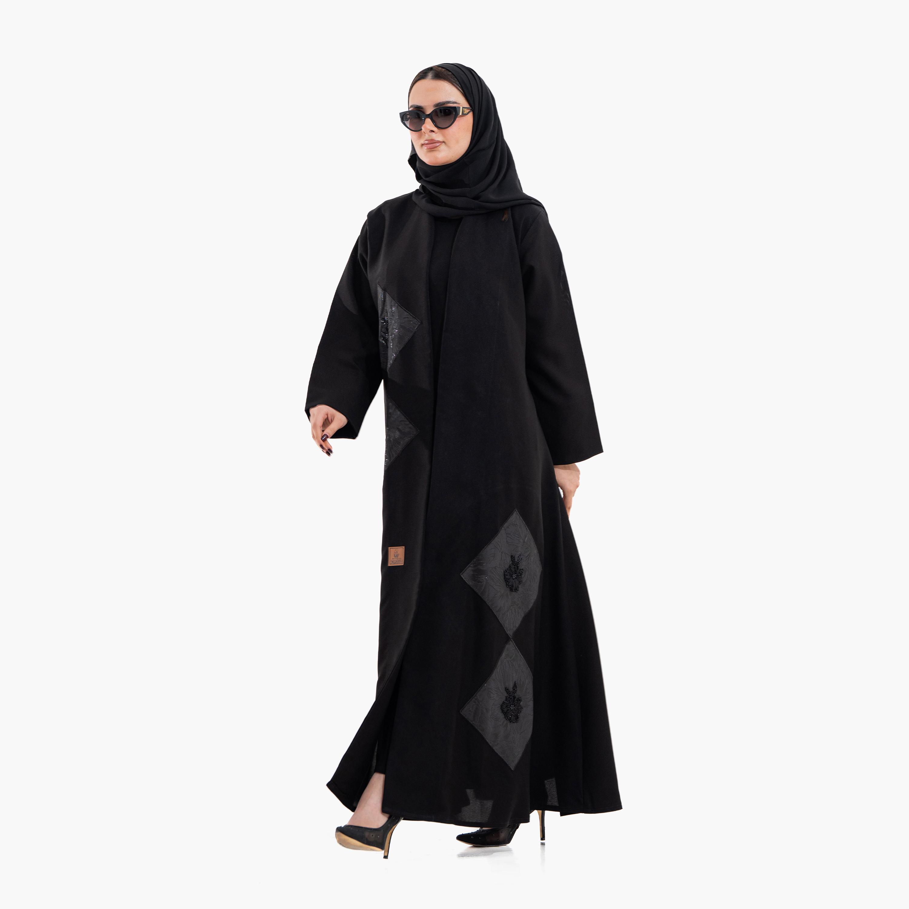 Zahiyh Black Placement Applique Women's Evening Abaya with Hijab-women-arabicclothing-abayas-image-2