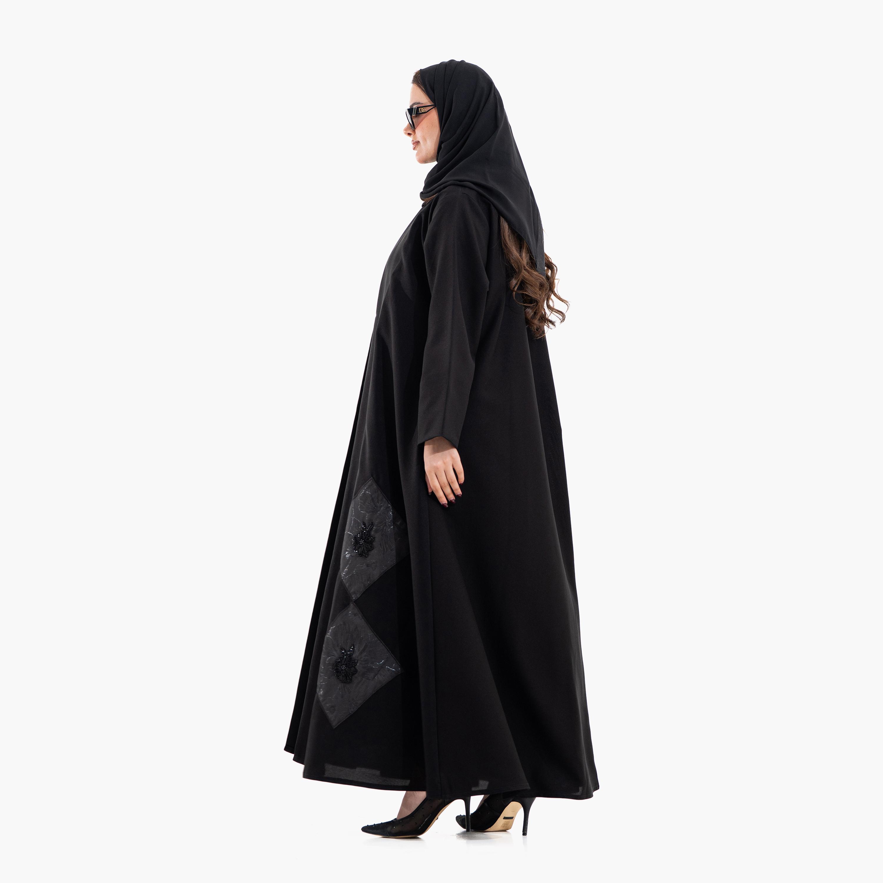 Zahiyh Black Placement Applique Women's Evening Abaya with Hijab-women-arabicclothing-abayas-image-4