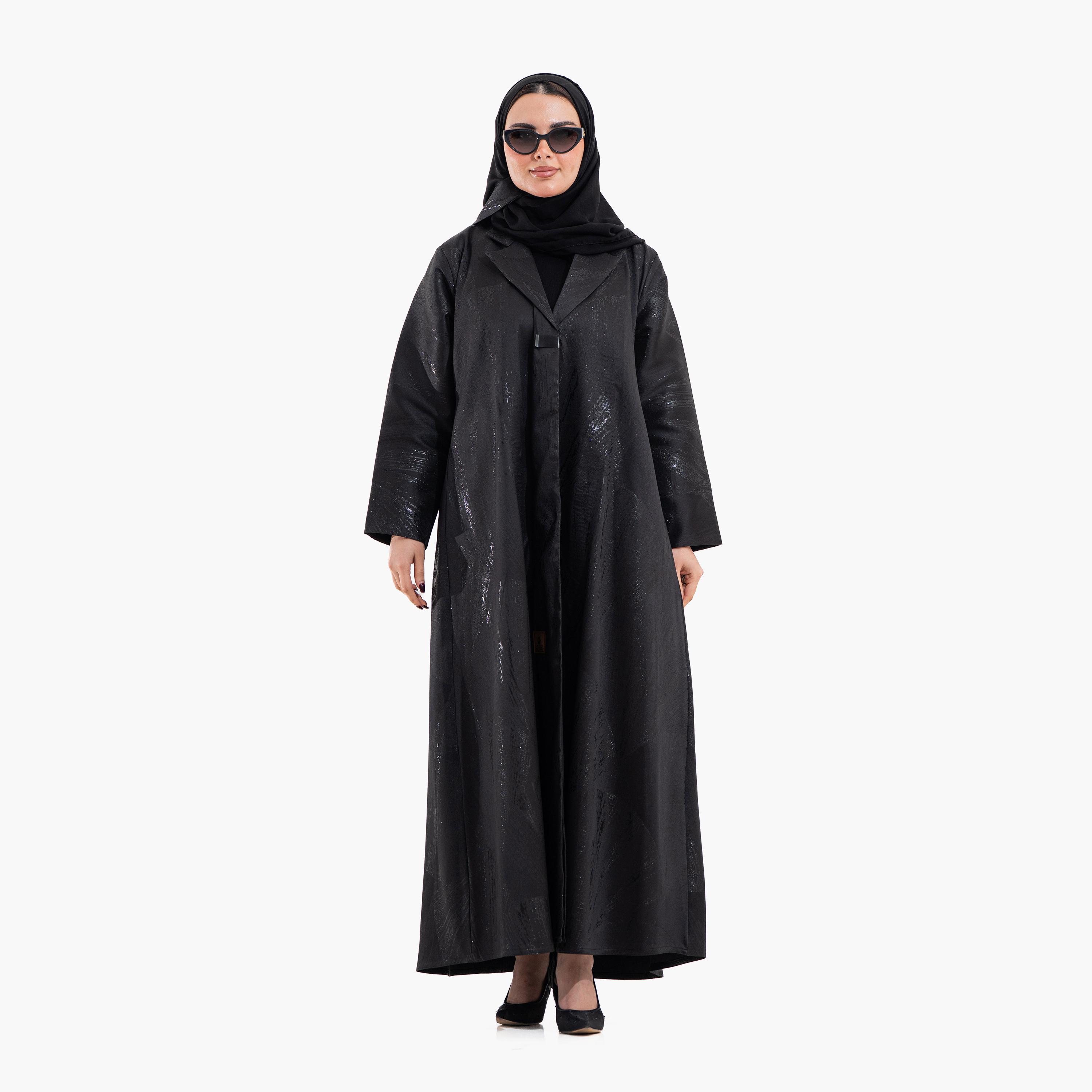 Zahiyh Black Shimmer Lapel Collar Women's Formal Abaya with Hijab-women-arabicclothing-abayas-image-1