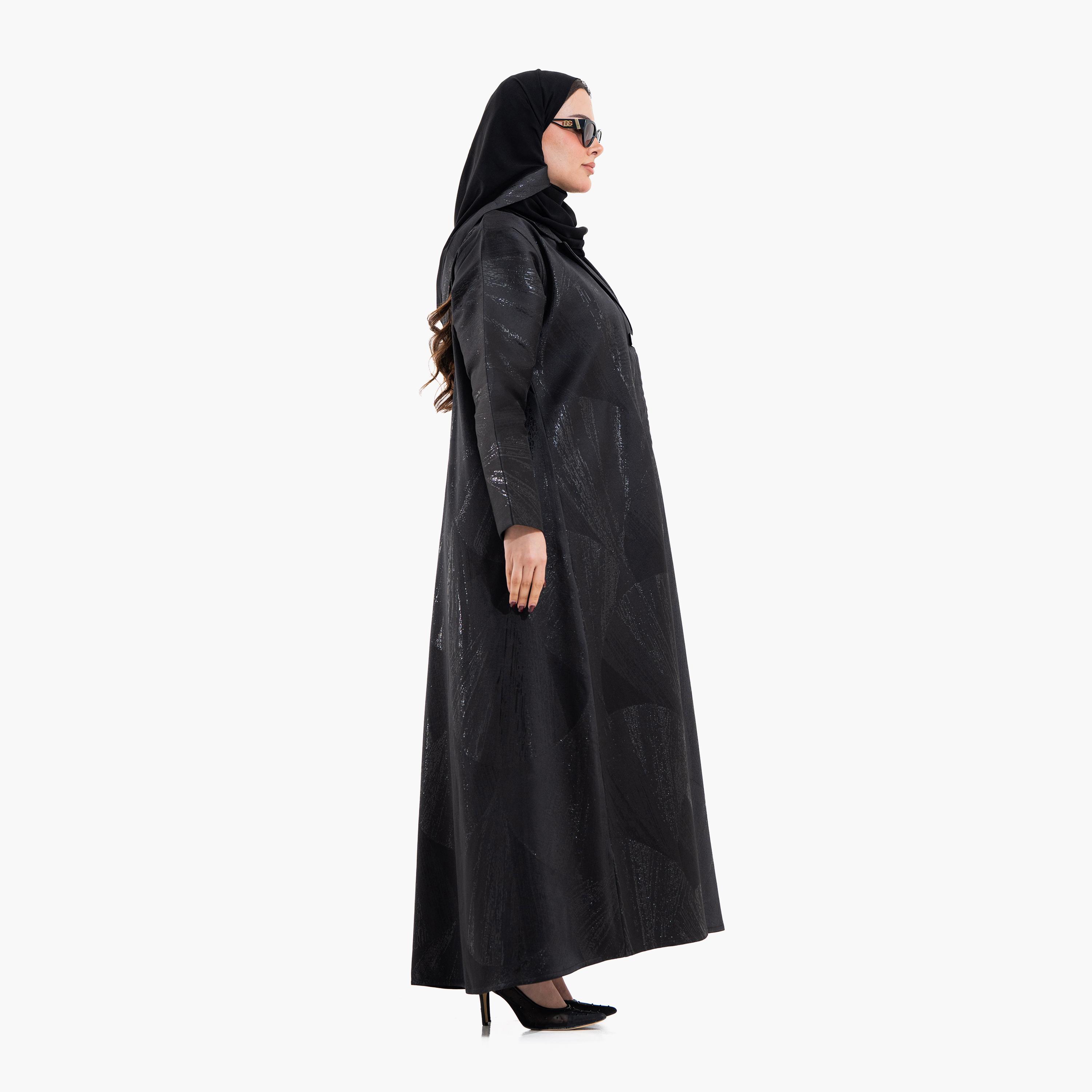 Zahiyh Black Shimmer Lapel Collar Women's Formal Abaya with Hijab-women-arabicclothing-abayas-image-2