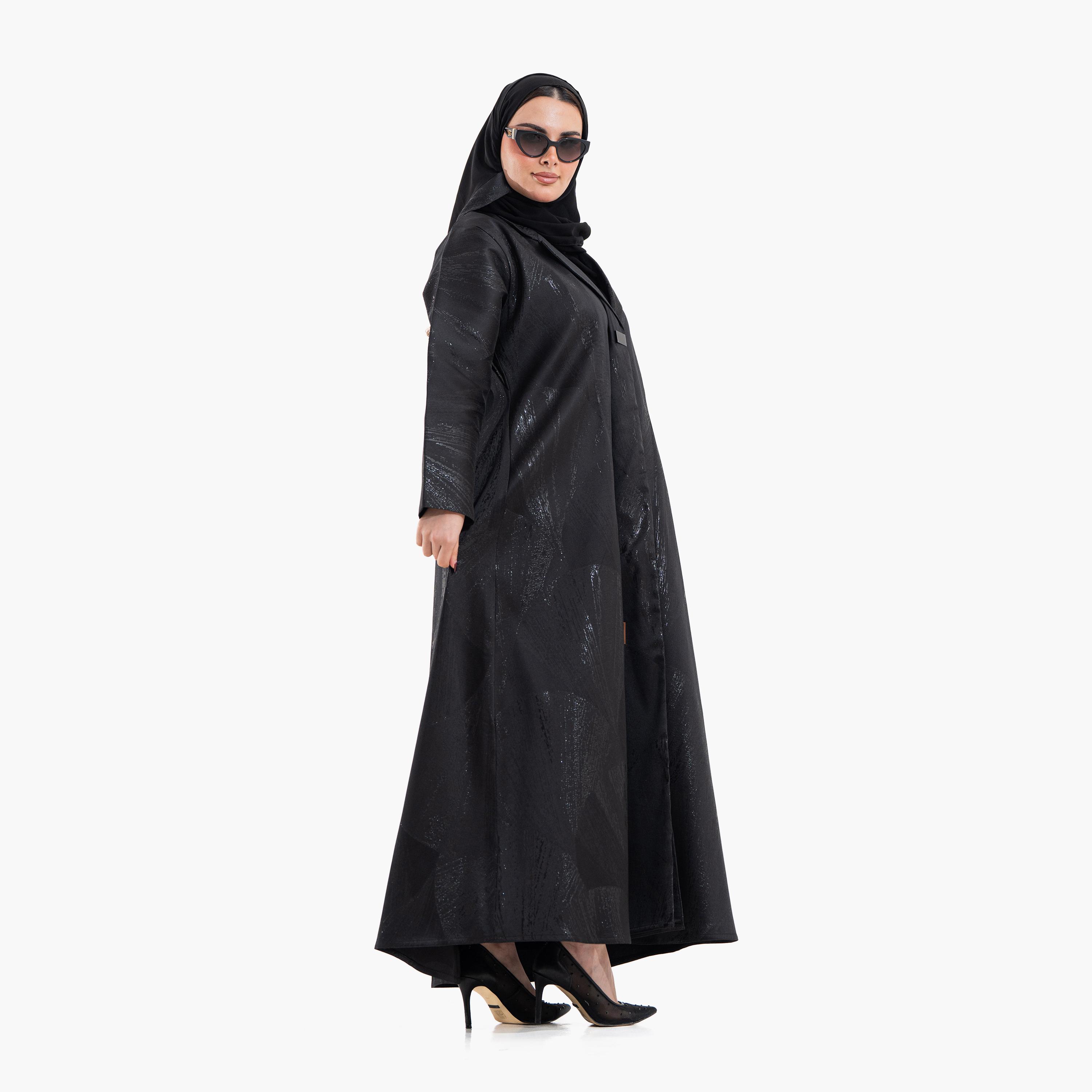 Zahiyh Black Shimmer Lapel Collar Women's Formal Abaya with Hijab-women-arabicclothing-abayas-image-3