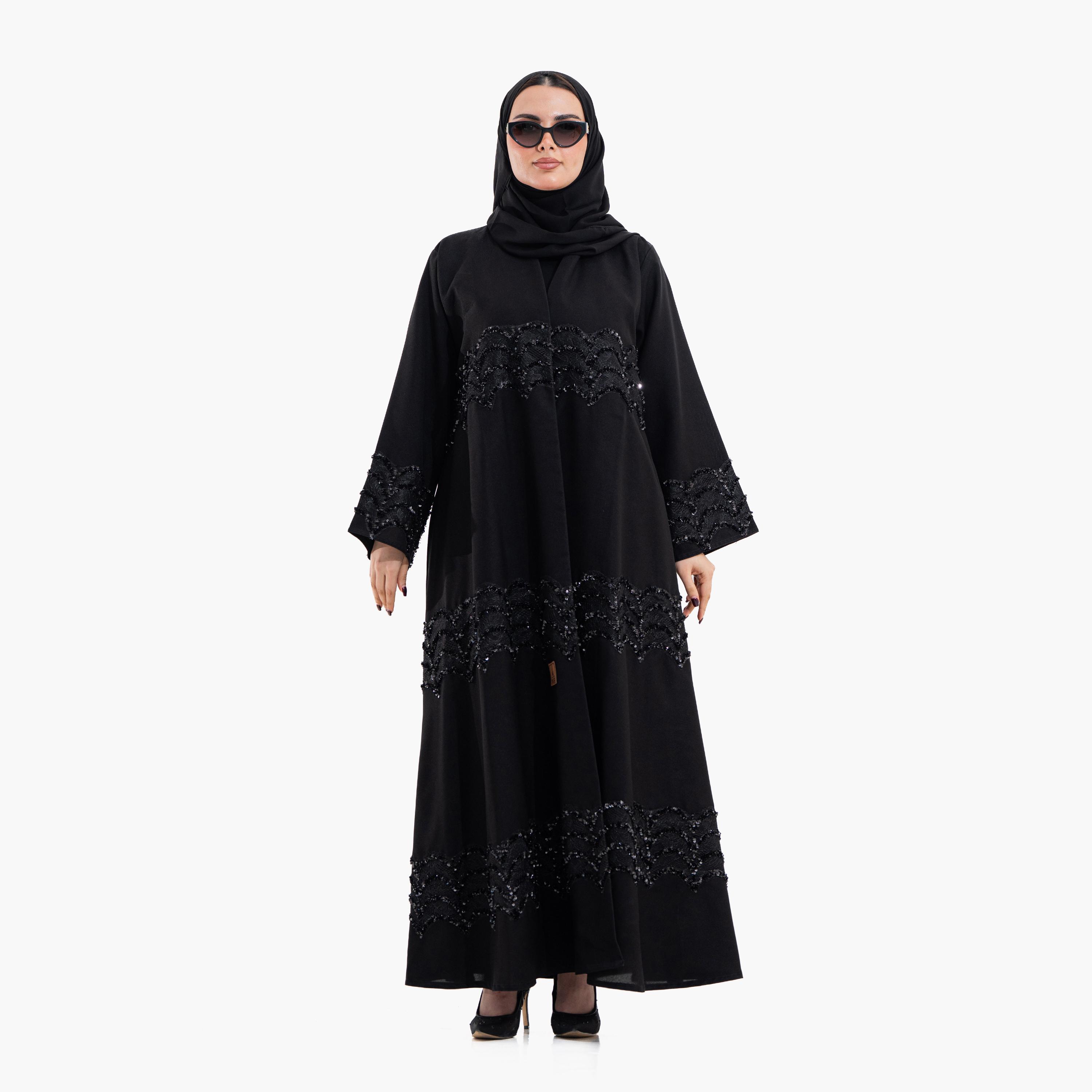 Zahiyh Black Sequined Lace Women's Evening Abaya with Hijab-women-arabicclothing-abayas-image-1