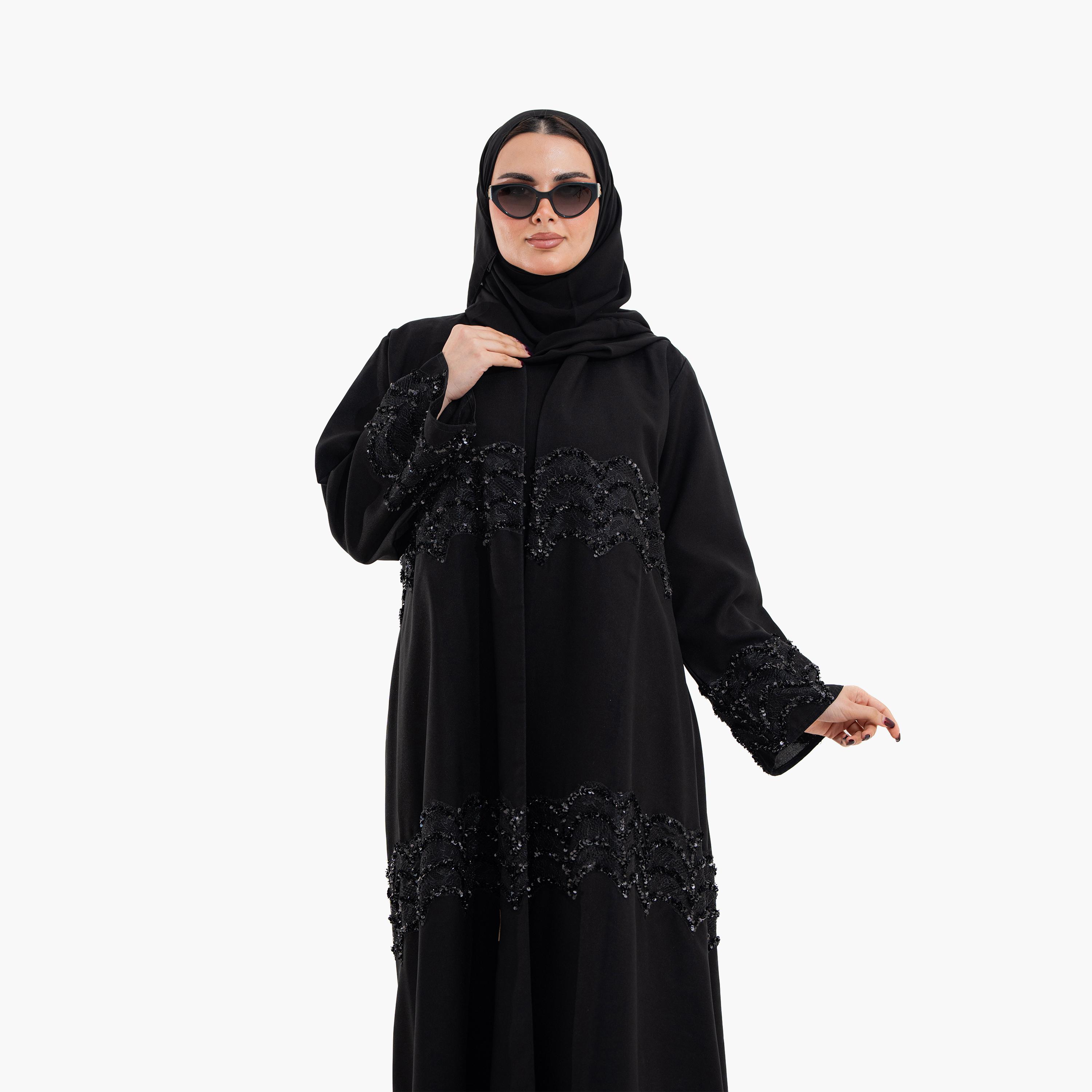 Zahiyh Black Sequined Lace Women's Evening Abaya with Hijab-women-arabicclothing-abayas-image-2