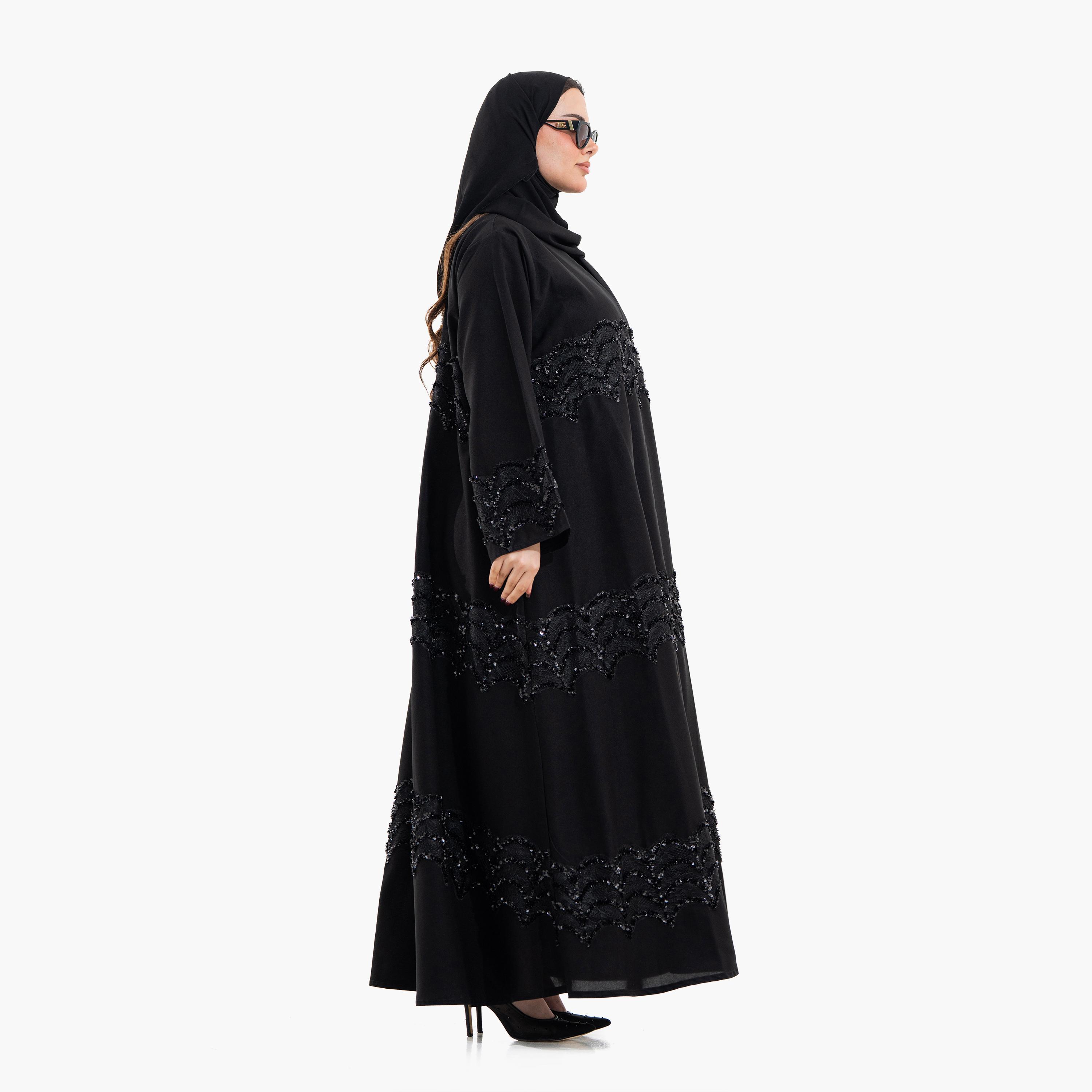 Zahiyh Black Sequined Lace Women's Evening Abaya with Hijab-women-arabicclothing-abayas-image-3