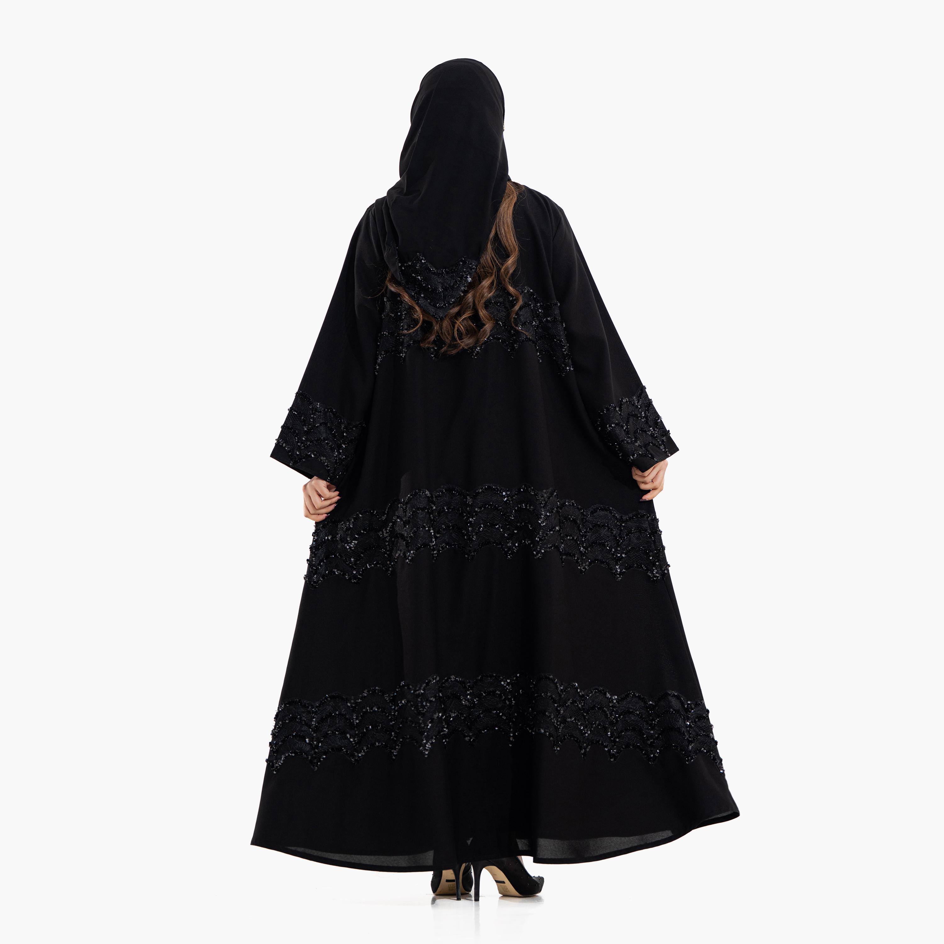 Zahiyh Black Sequined Lace Women's Evening Abaya with Hijab-women-arabicclothing-abayas-image-4