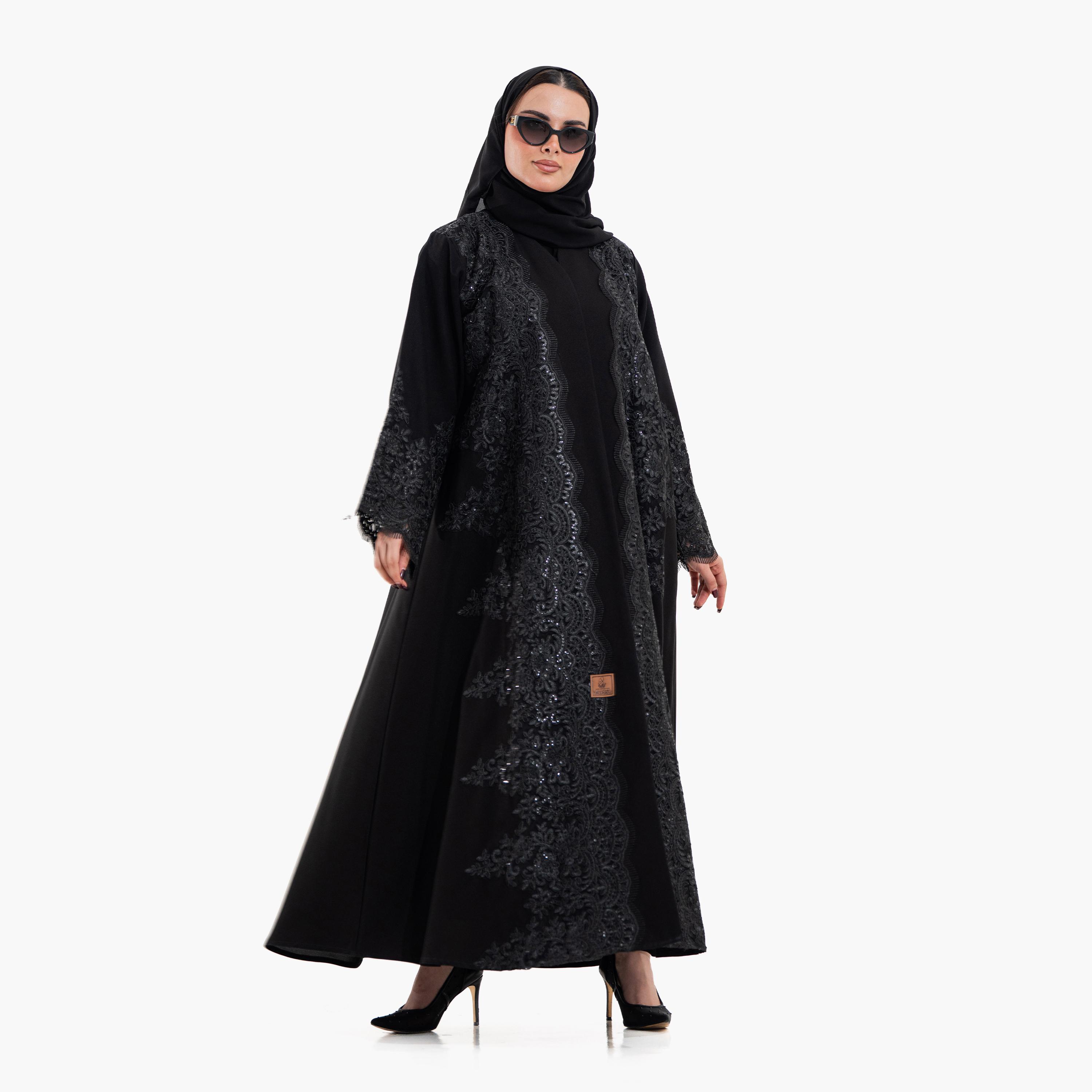 Zahiyh Black Sequined & Embroidered Lace Women's Evening Flared Abaya with Hijab-women-arabicclothing-abayas-image-1