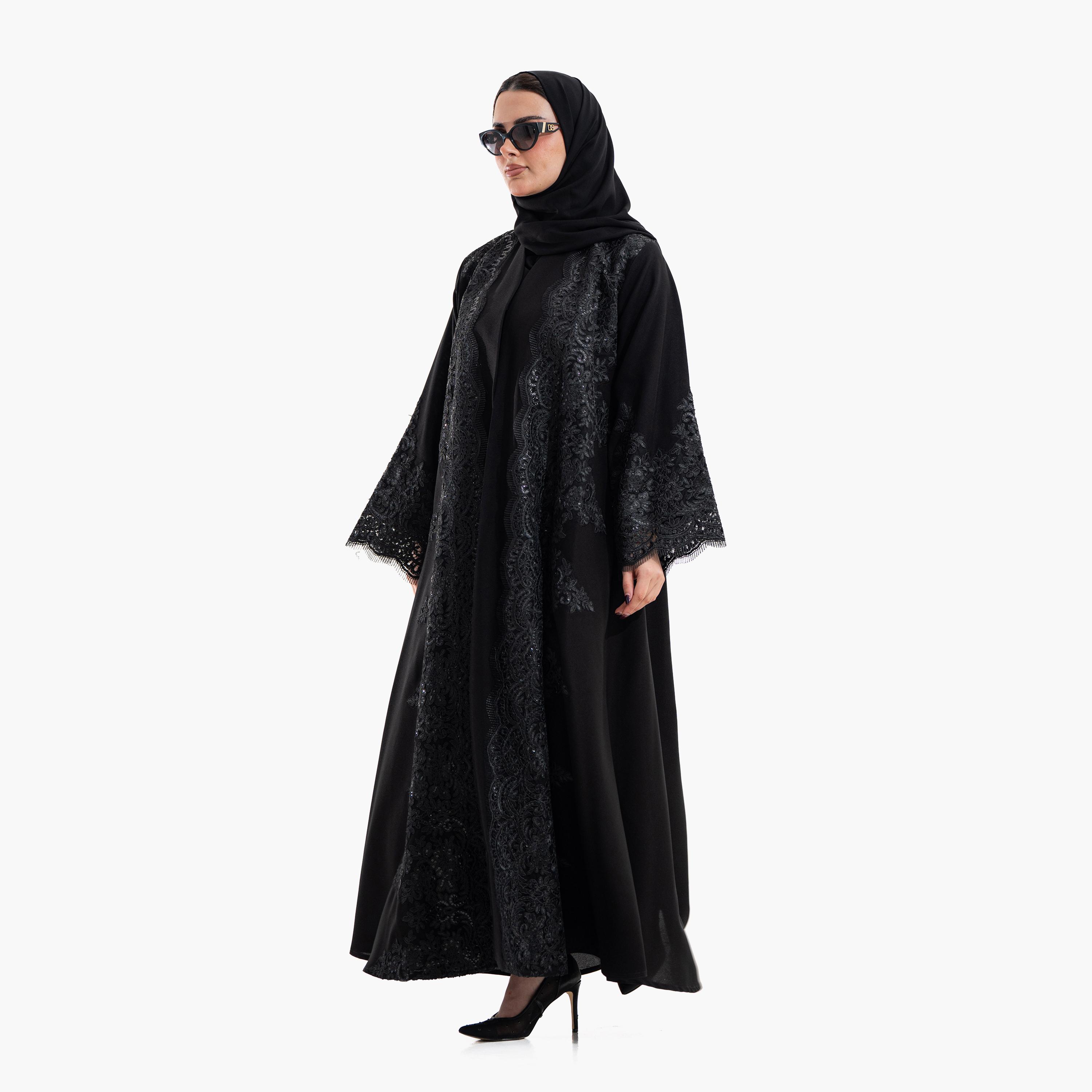 Zahiyh Black Sequined & Embroidered Lace Women's Evening Flared Abaya with Hijab-women-arabicclothing-abayas-image-2