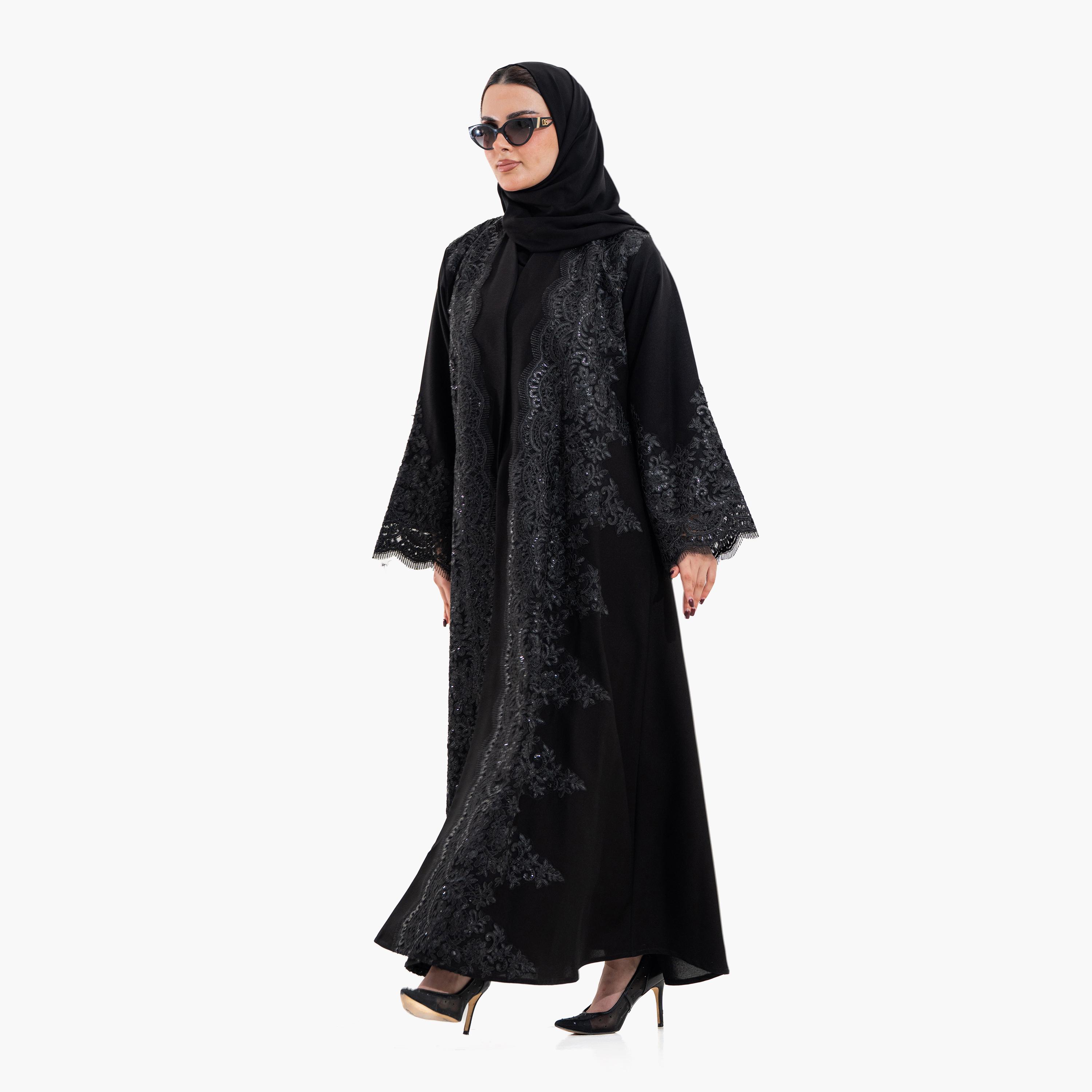 Zahiyh Black Sequined & Embroidered Lace Women's Evening Flared Abaya with Hijab-women-arabicclothing-abayas-image-3