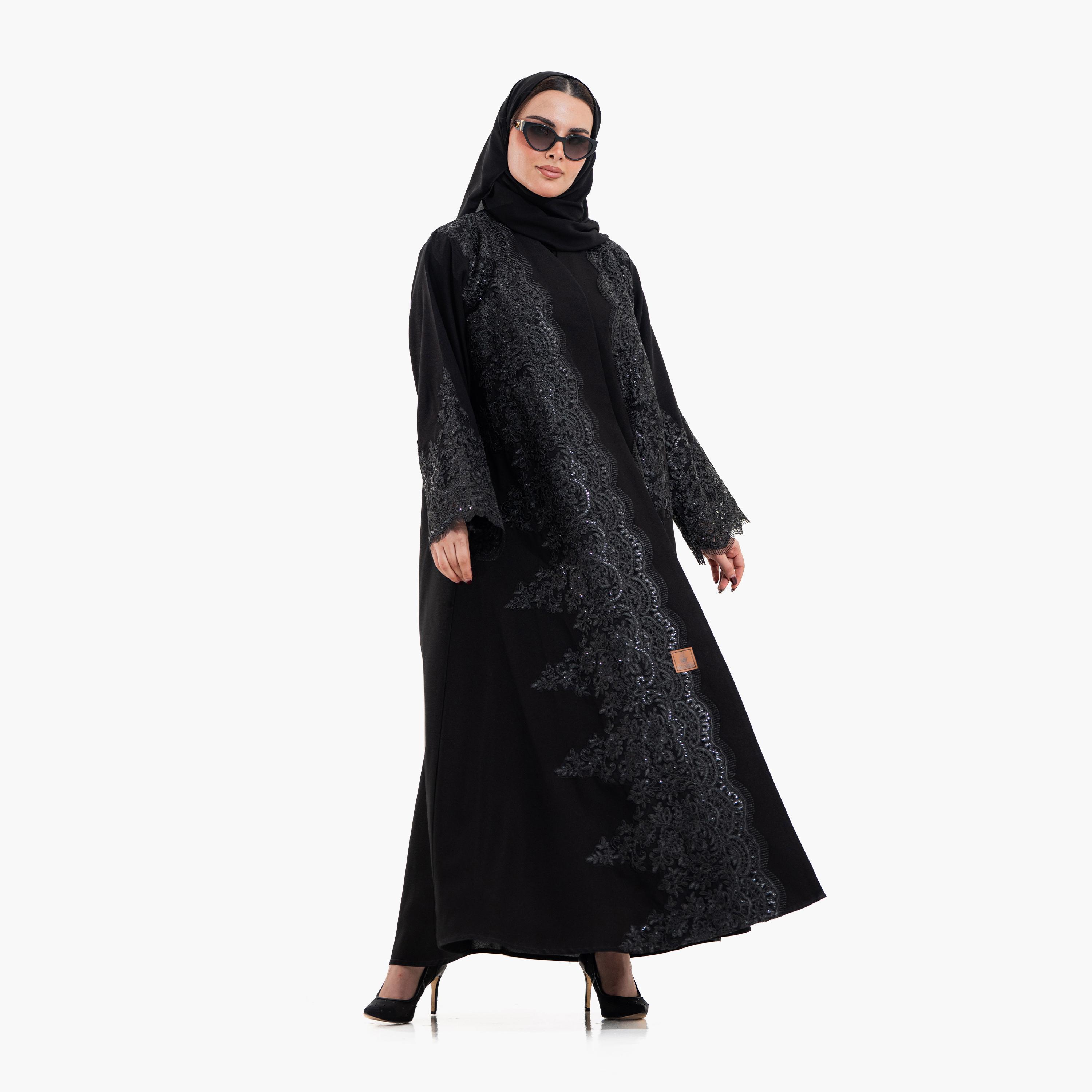 Zahiyh Black Sequined & Embroidered Lace Women's Evening Flared Abaya with Hijab-women-arabicclothing-abayas-image-4