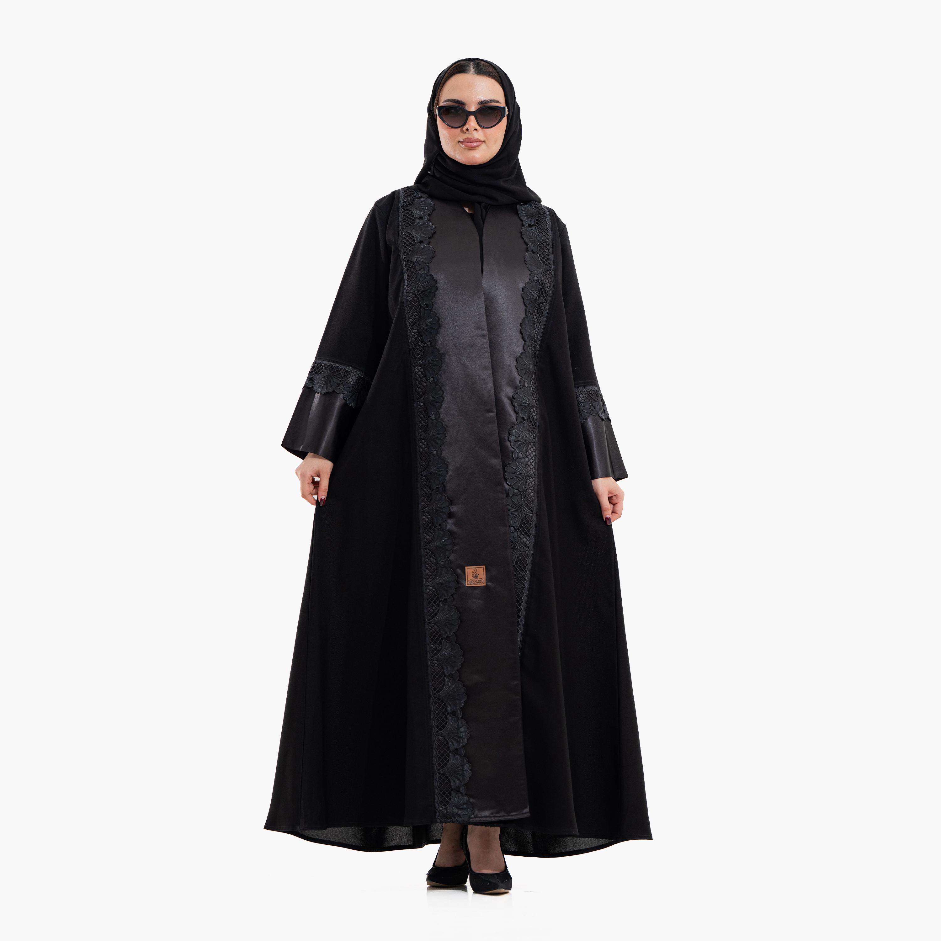 عباية سهرة نسائية بتفاصيل "إمبرويدرد ليس" مع حجاب - أسود من زاهية-women-arabicclothing-abayas-image-1