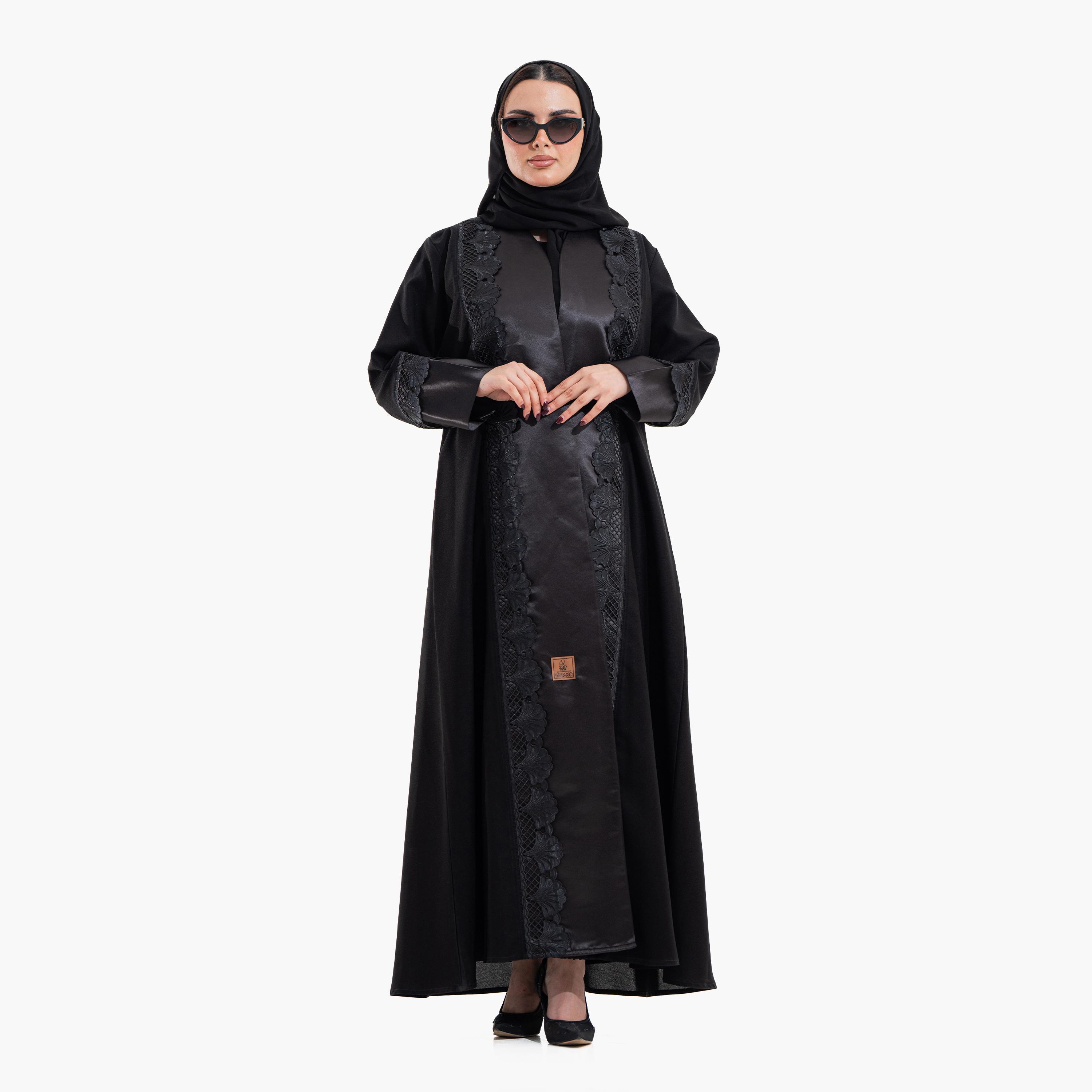 عباية سهرة نسائية بتفاصيل "إمبرويدرد ليس" مع حجاب - أسود من زاهية-women-arabicclothing-abayas-image-2