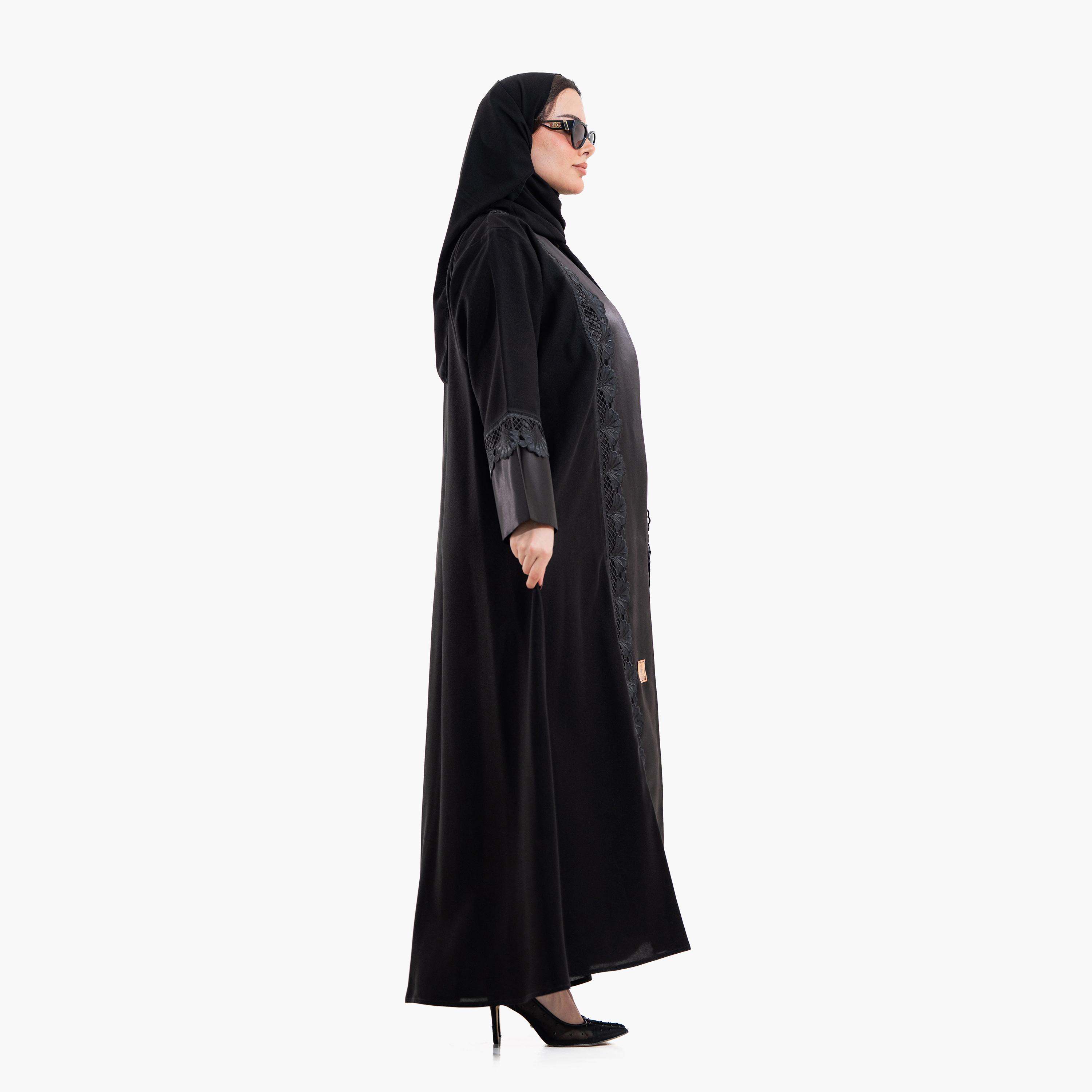 عباية سهرة نسائية بتفاصيل "إمبرويدرد ليس" مع حجاب - أسود من زاهية-women-arabicclothing-abayas-image-3