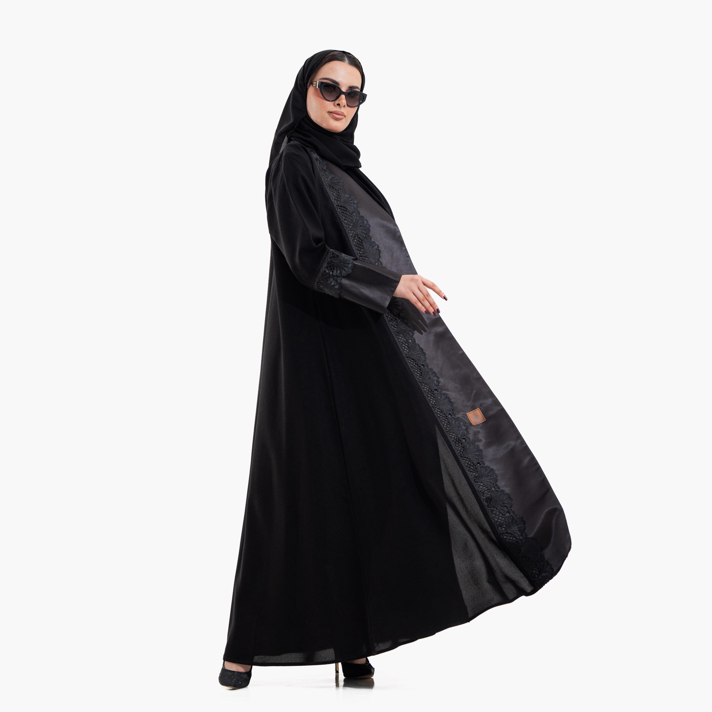 عباية سهرة نسائية بتفاصيل "إمبرويدرد ليس" مع حجاب - أسود من زاهية-women-arabicclothing-abayas-image-5