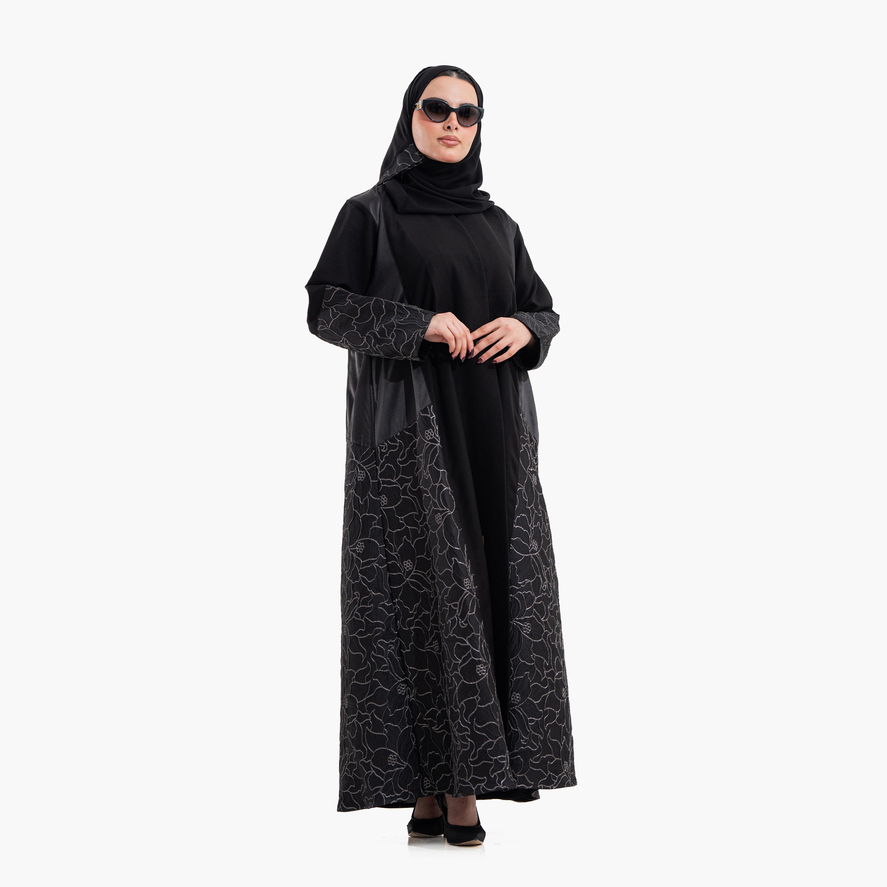 عباية سهرة نسائية بأكمام "وايد كف" بتصميم "ديوال توند" وقماش "فلورال تيكستشرد" مع حجاب - أسود من زاهية-women-arabicclothing-abayas-image-4