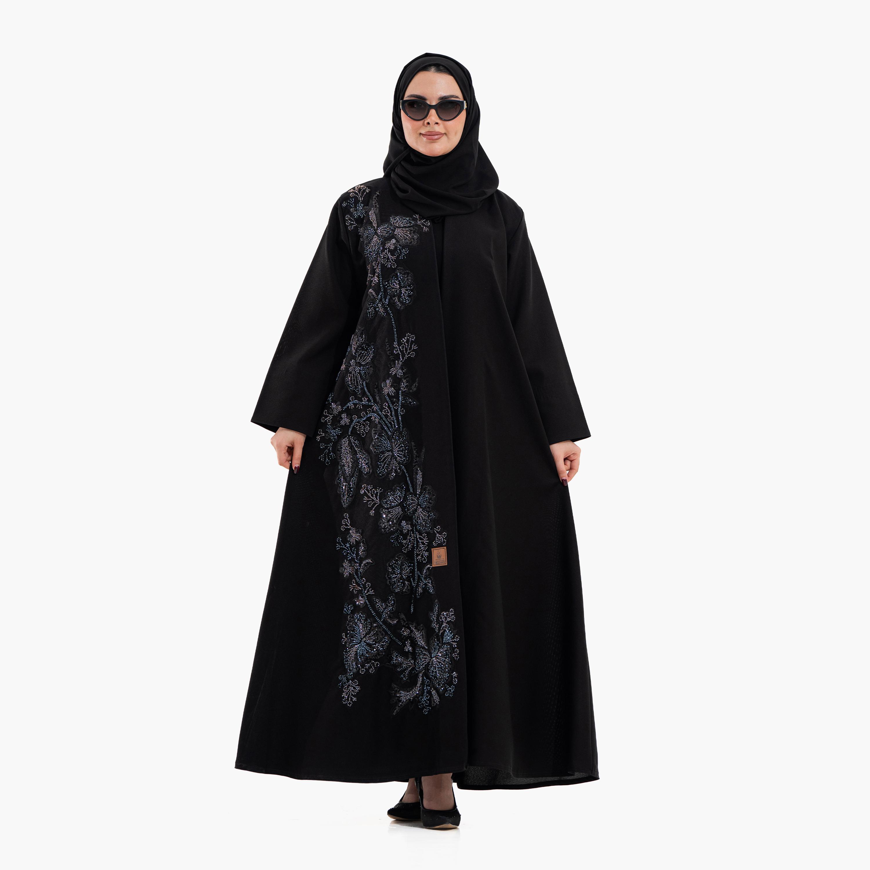 عباية سهرة نسائية مزينة بخرز "فلورال" مع حجاب - أسود من زاهية-women-arabicclothing-abayas-image-1