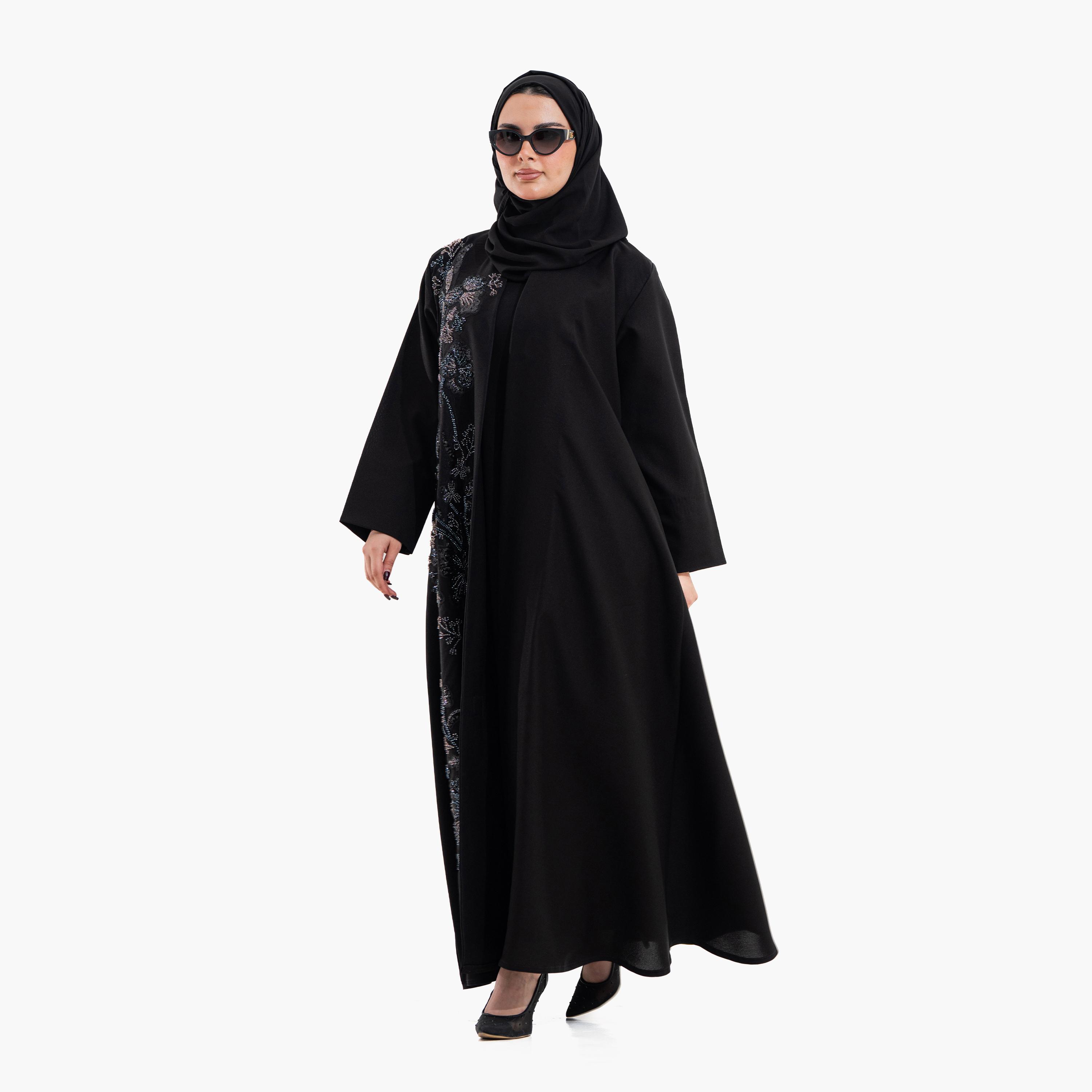 عباية سهرة نسائية مزينة بخرز "فلورال" مع حجاب - أسود من زاهية-women-arabicclothing-abayas-image-2
