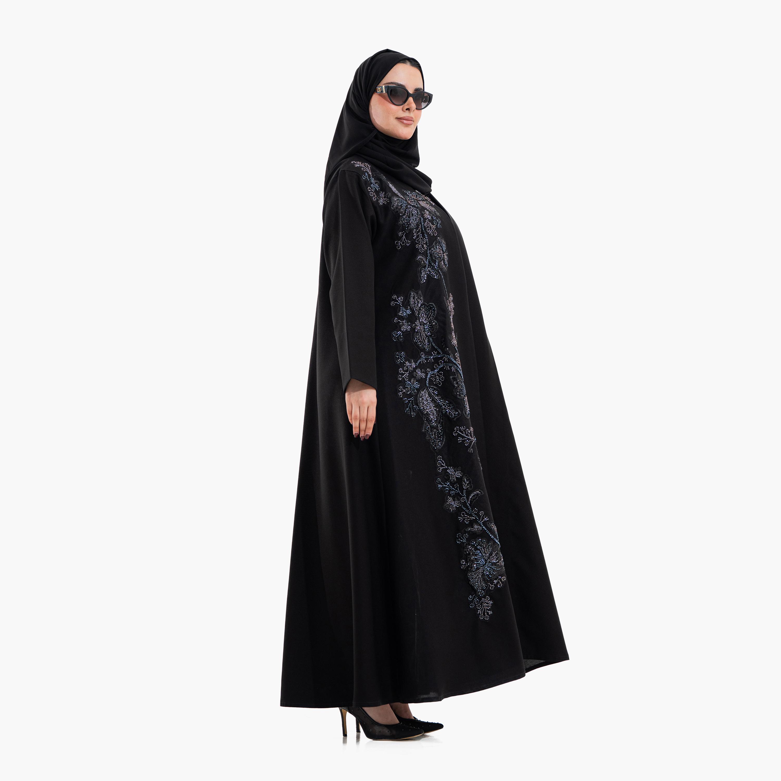 عباية سهرة نسائية مزينة بخرز "فلورال" مع حجاب - أسود من زاهية-women-arabicclothing-abayas-image-3