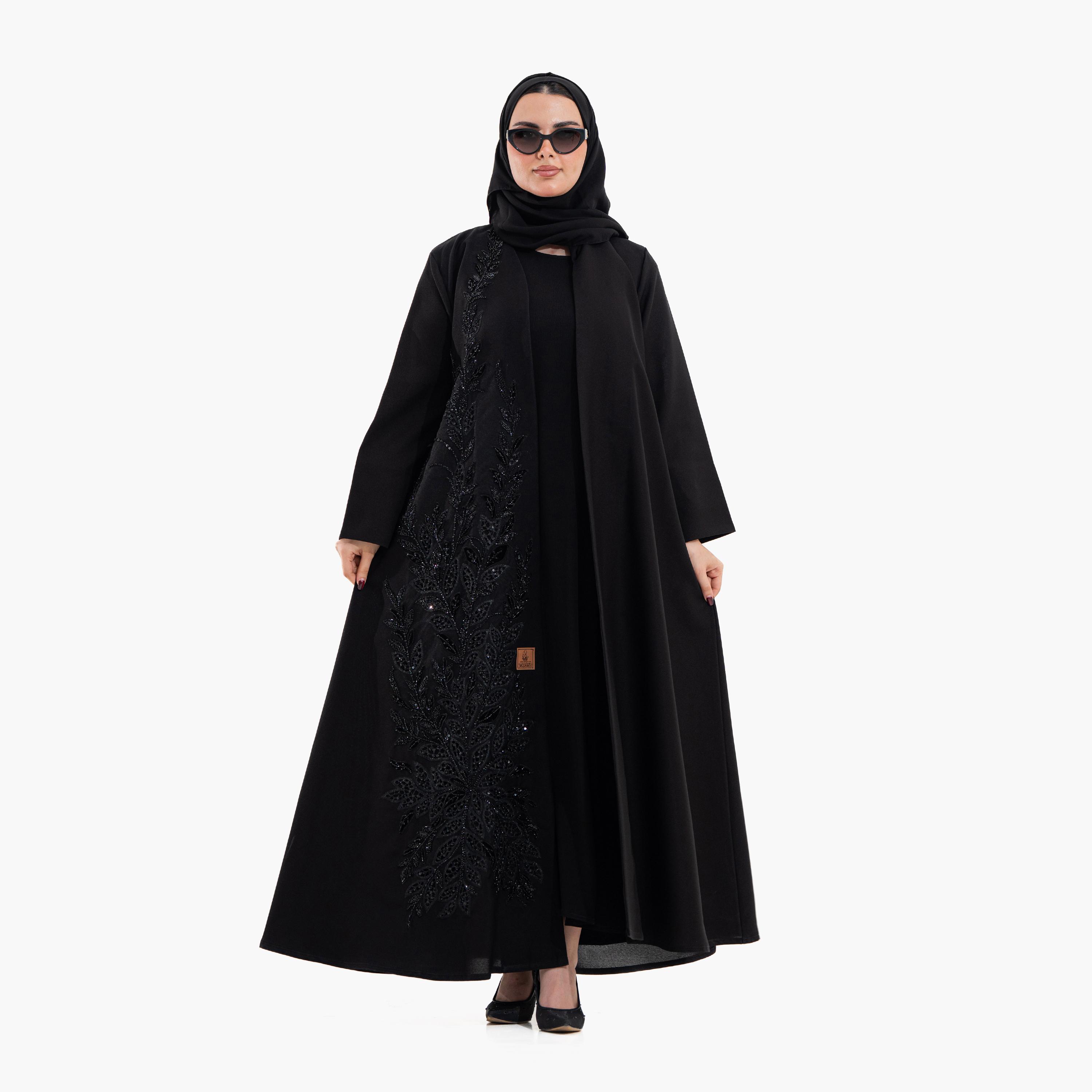 Zahiyh Black Floral Beaded Women's Evening Abaya with Hijab-women-arabicclothing-abayas-image-1