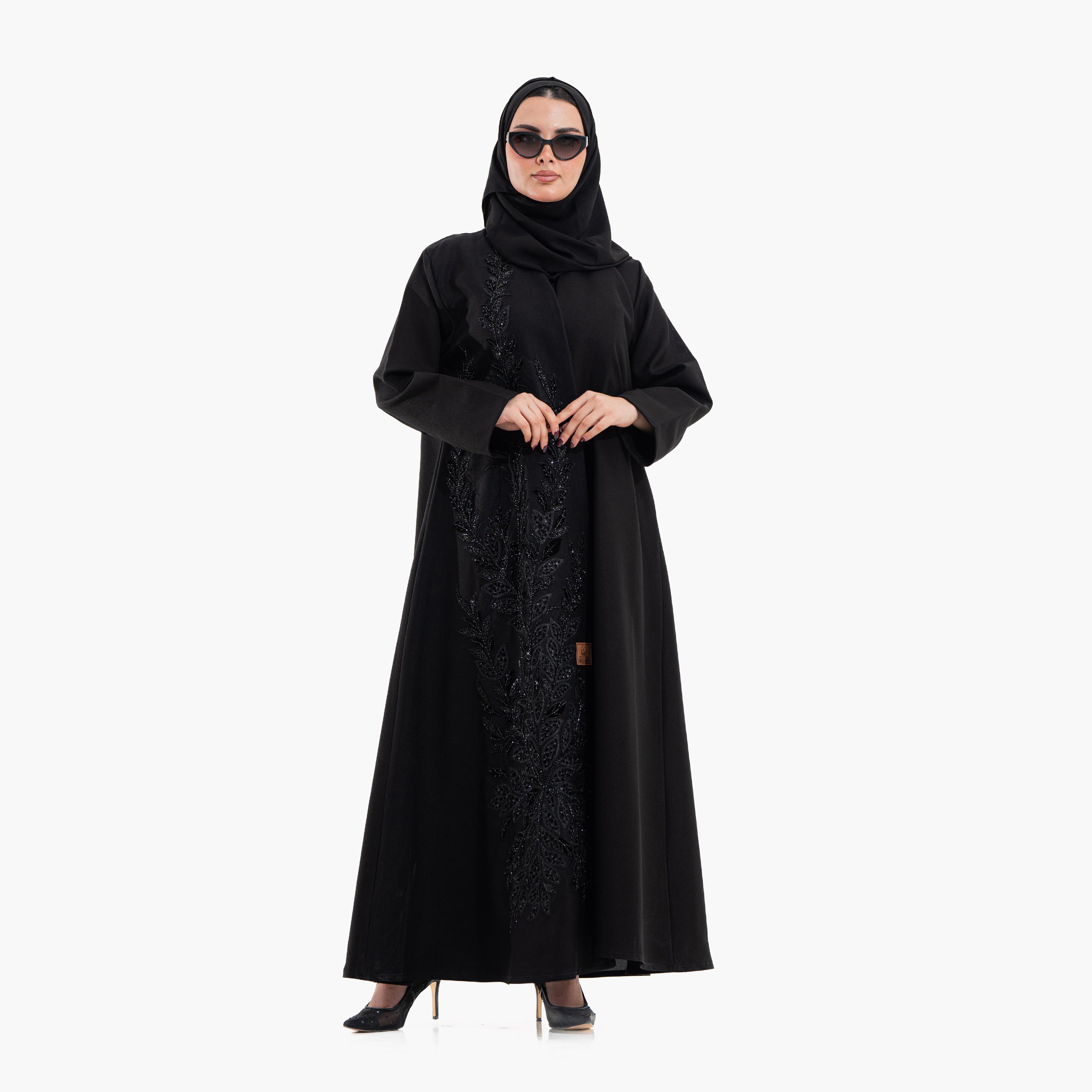 Zahiyh Black Floral Beaded Women's Evening Abaya with Hijab-women-arabicclothing-abayas-image-2