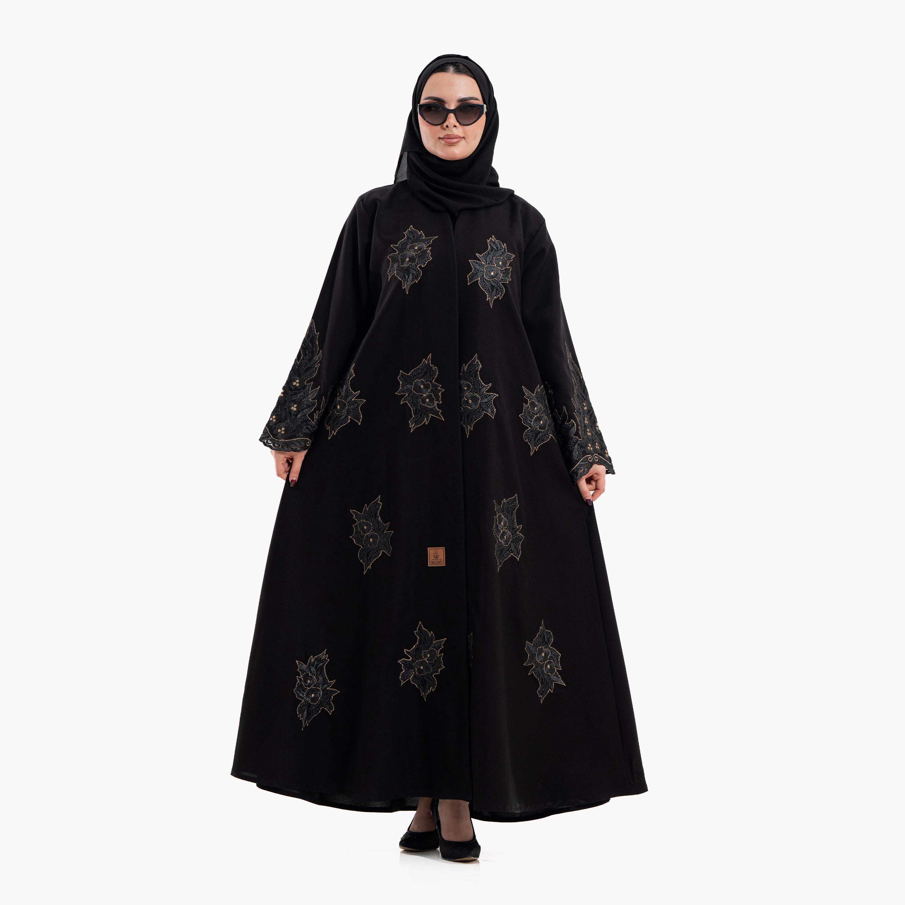عباية سهرة نسائية بتطريز "أبستراكت فلورال" مع حجاب - أسود من زاهية-women-arabicclothing-abayas-image-1