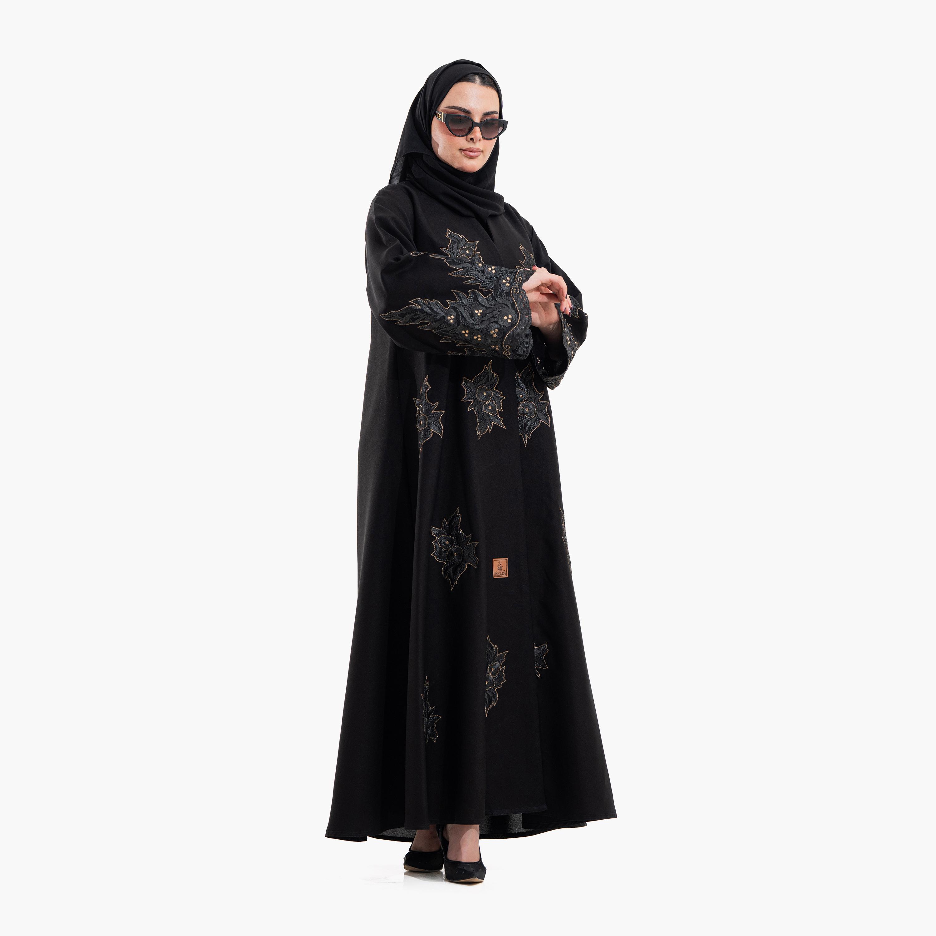 عباية سهرة نسائية بتطريز "أبستراكت فلورال" مع حجاب - أسود من زاهية-women-arabicclothing-abayas-image-2