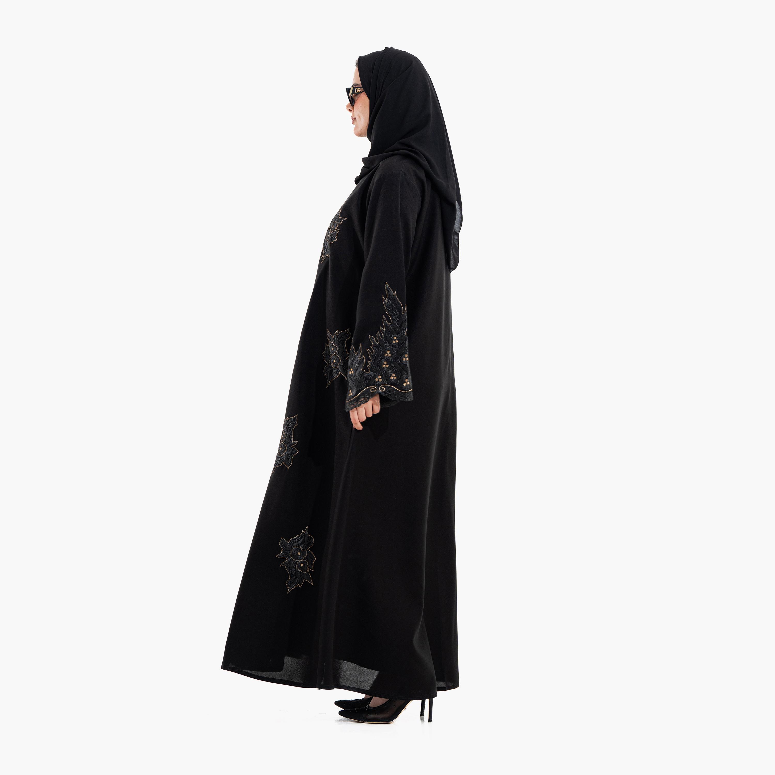 عباية سهرة نسائية بتطريز "أبستراكت فلورال" مع حجاب - أسود من زاهية-women-arabicclothing-abayas-image-4
