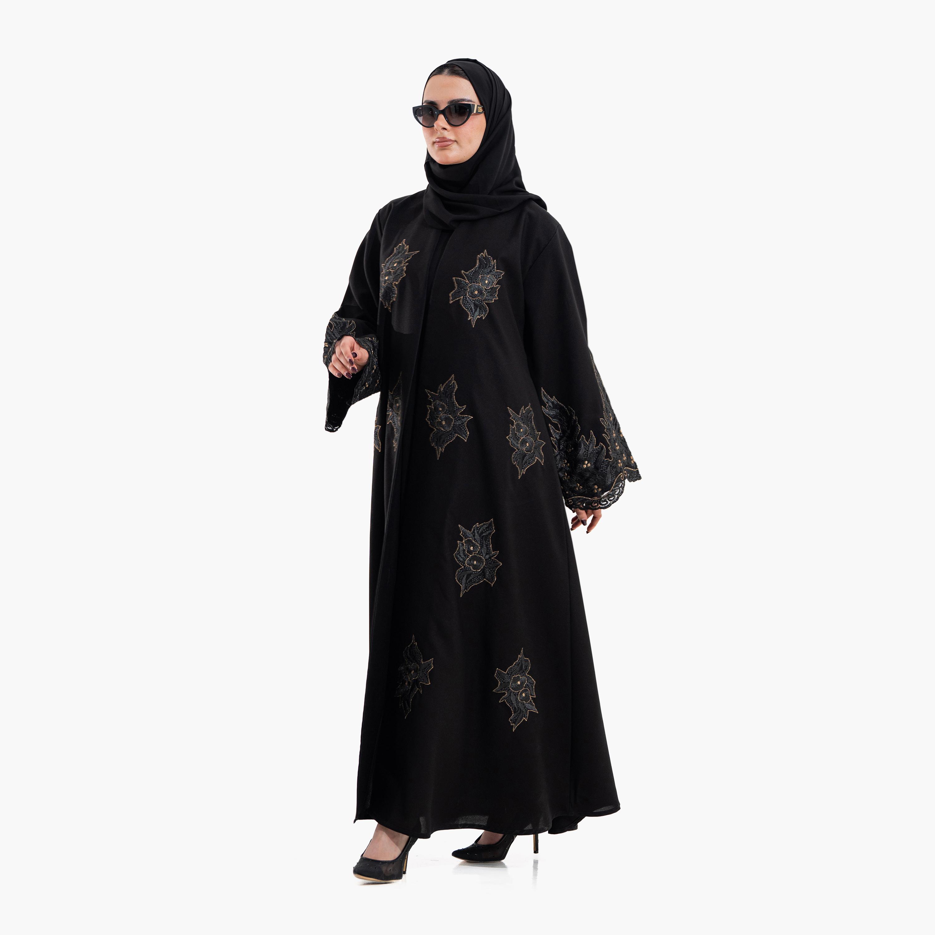 عباية سهرة نسائية بتطريز "أبستراكت فلورال" مع حجاب - أسود من زاهية-women-arabicclothing-abayas-image-5