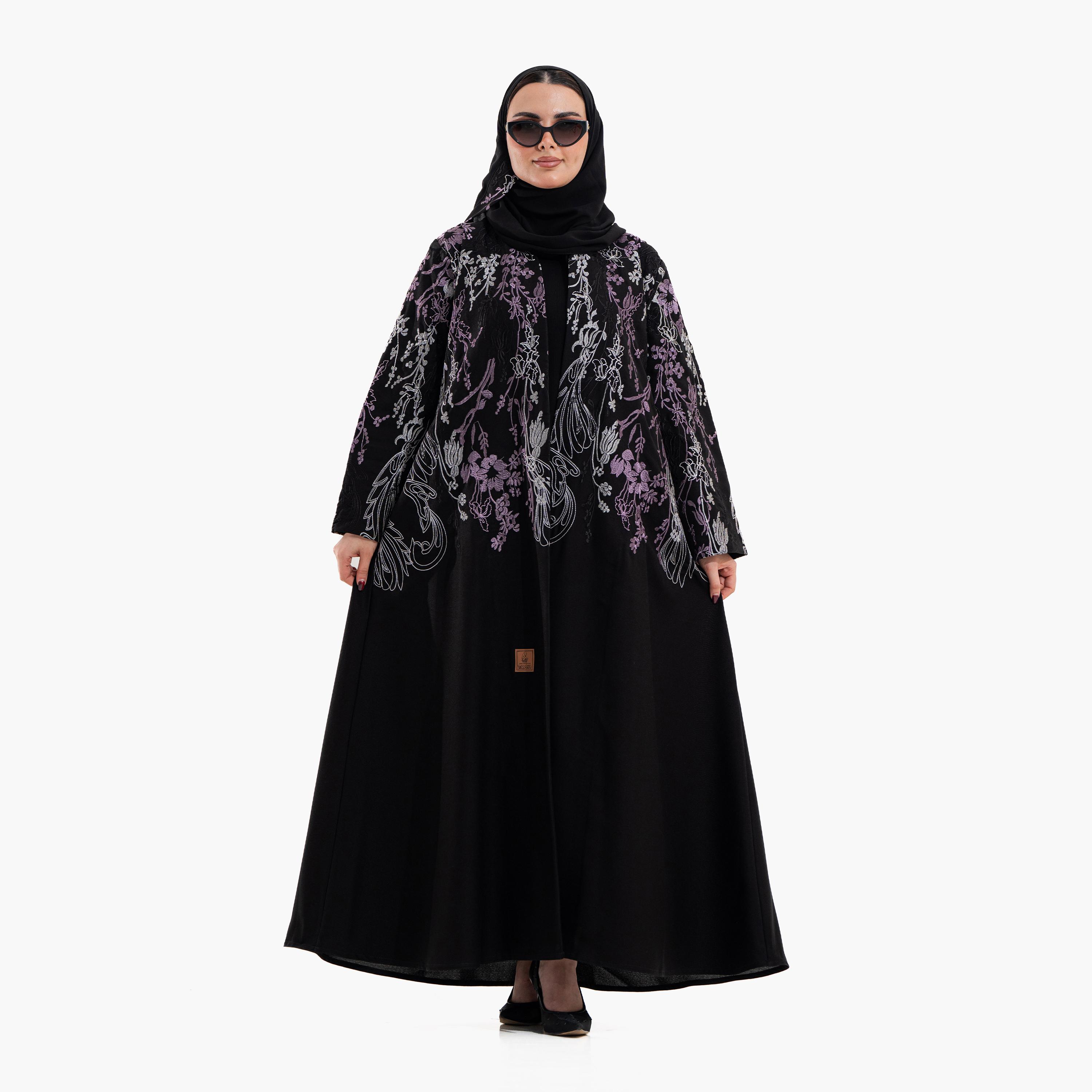 عباية سهرة نسائية بتطريز "أبستراكت فلورال" مع حجاب - أسود من زاهية-women-arabicclothing-abayas-image-1