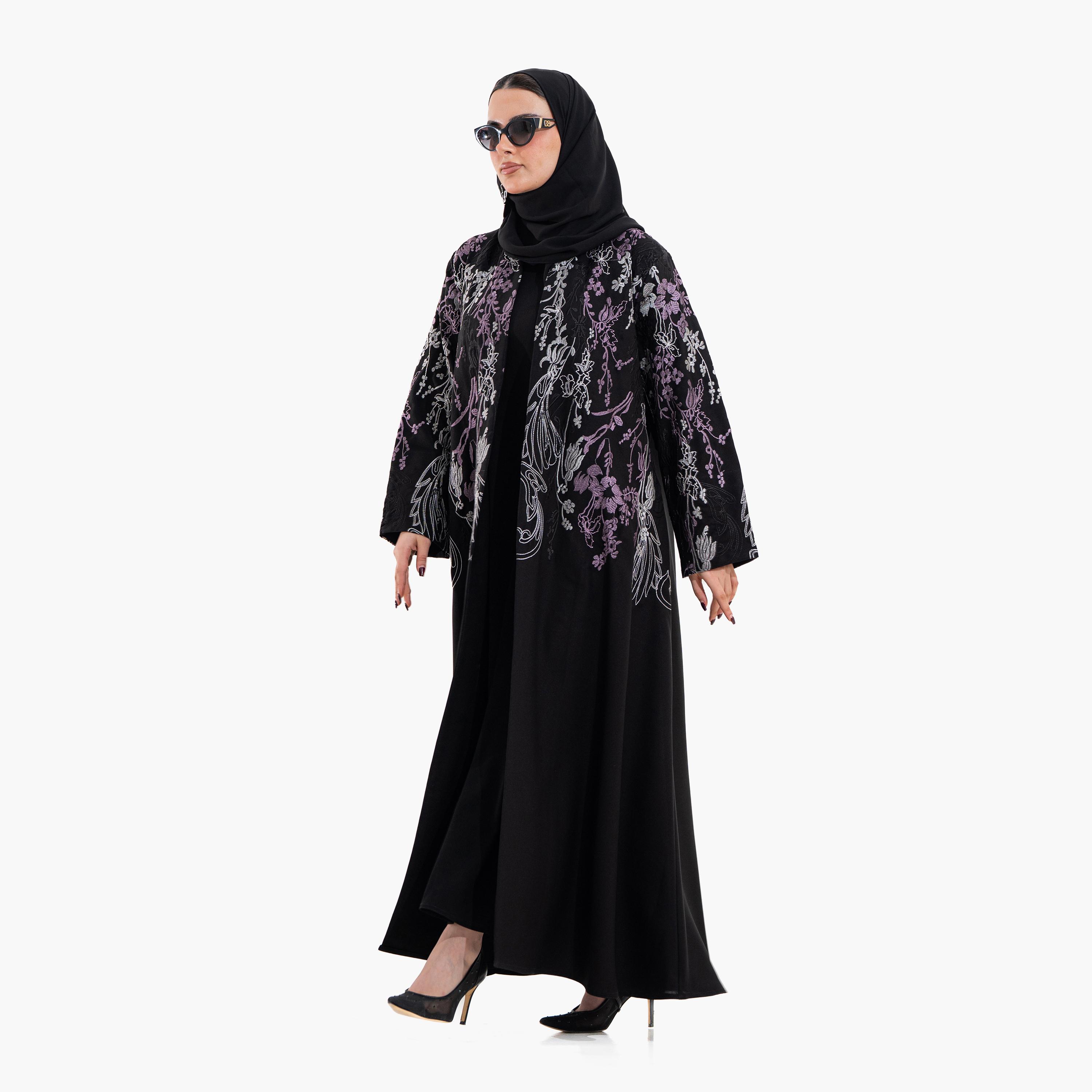 عباية سهرة نسائية بتطريز "أبستراكت فلورال" مع حجاب - أسود من زاهية-women-arabicclothing-abayas-image-2